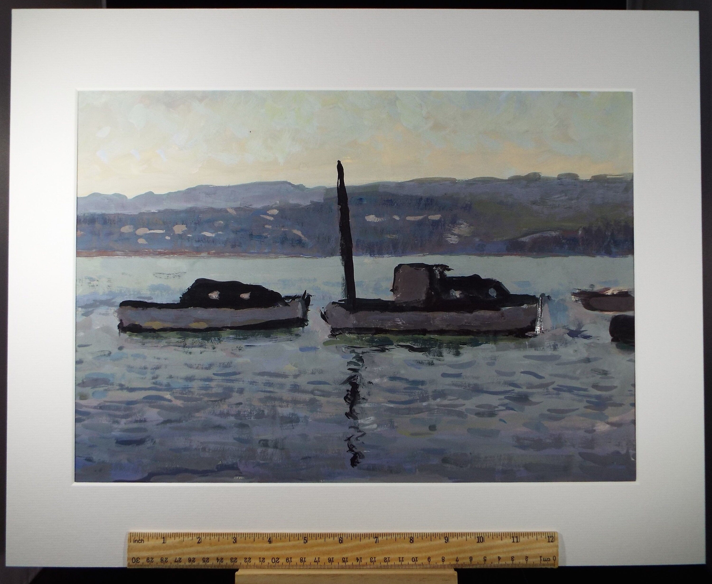 Original Gouache on paper, 'Boats on a mooring', Unknown Artist, circa 1960's - Marine Landscape