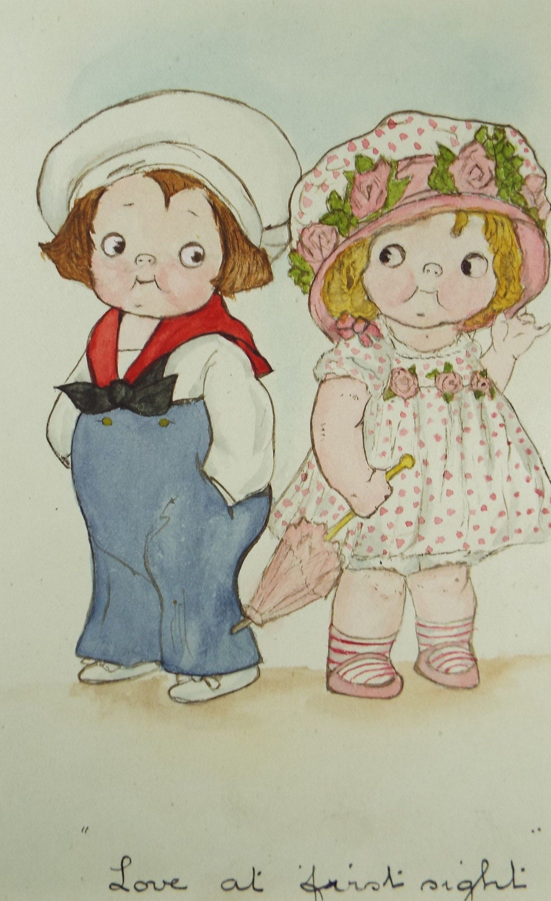 Original watercolour Drawing, 'Love at First Sight', Circa 1914, B J Cheek