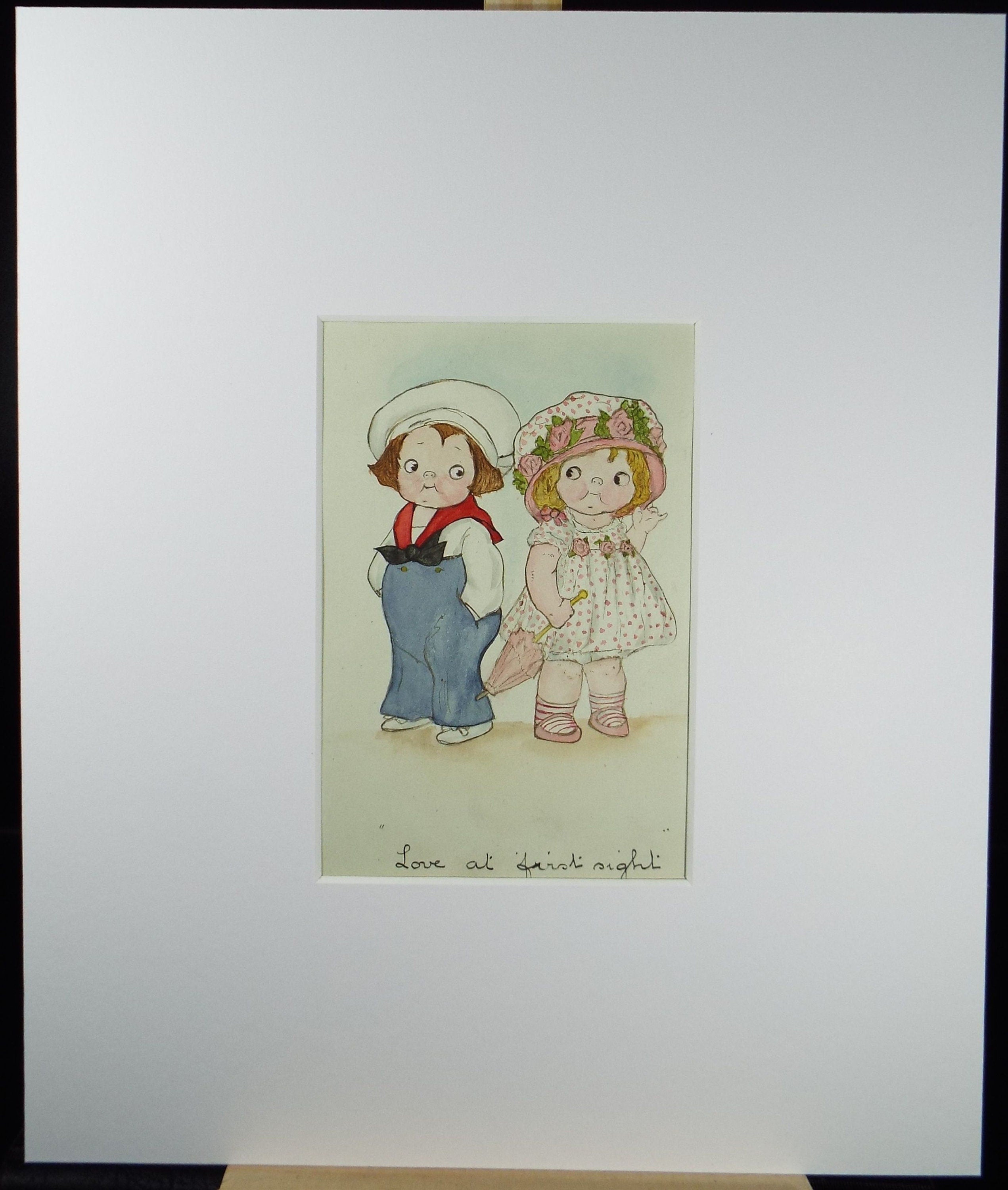 Original watercolour Drawing, 'Love at First Sight', Circa 1914, B J Cheek