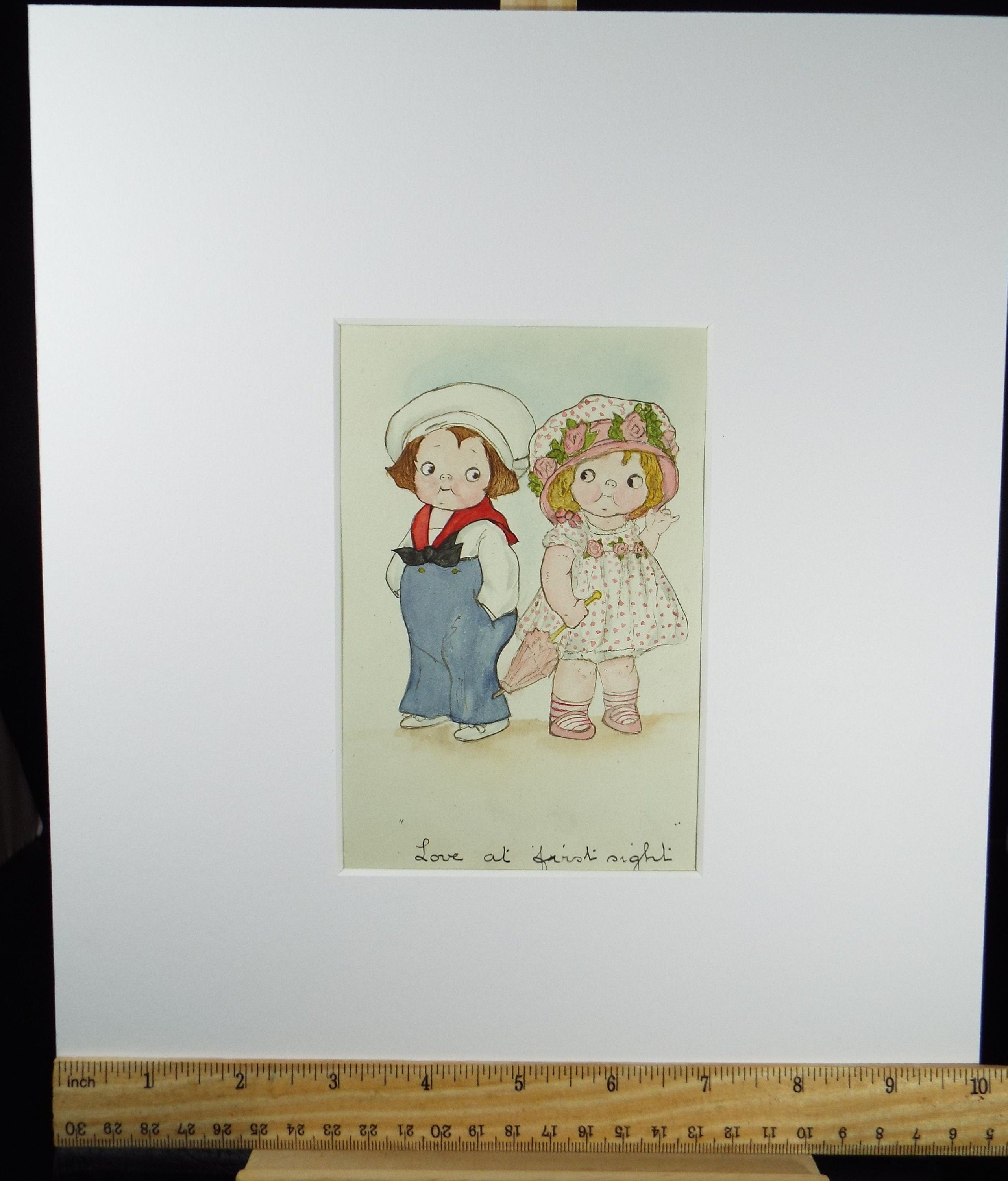 Original watercolour Drawing, 'Love at First Sight', Circa 1914, B J Cheek
