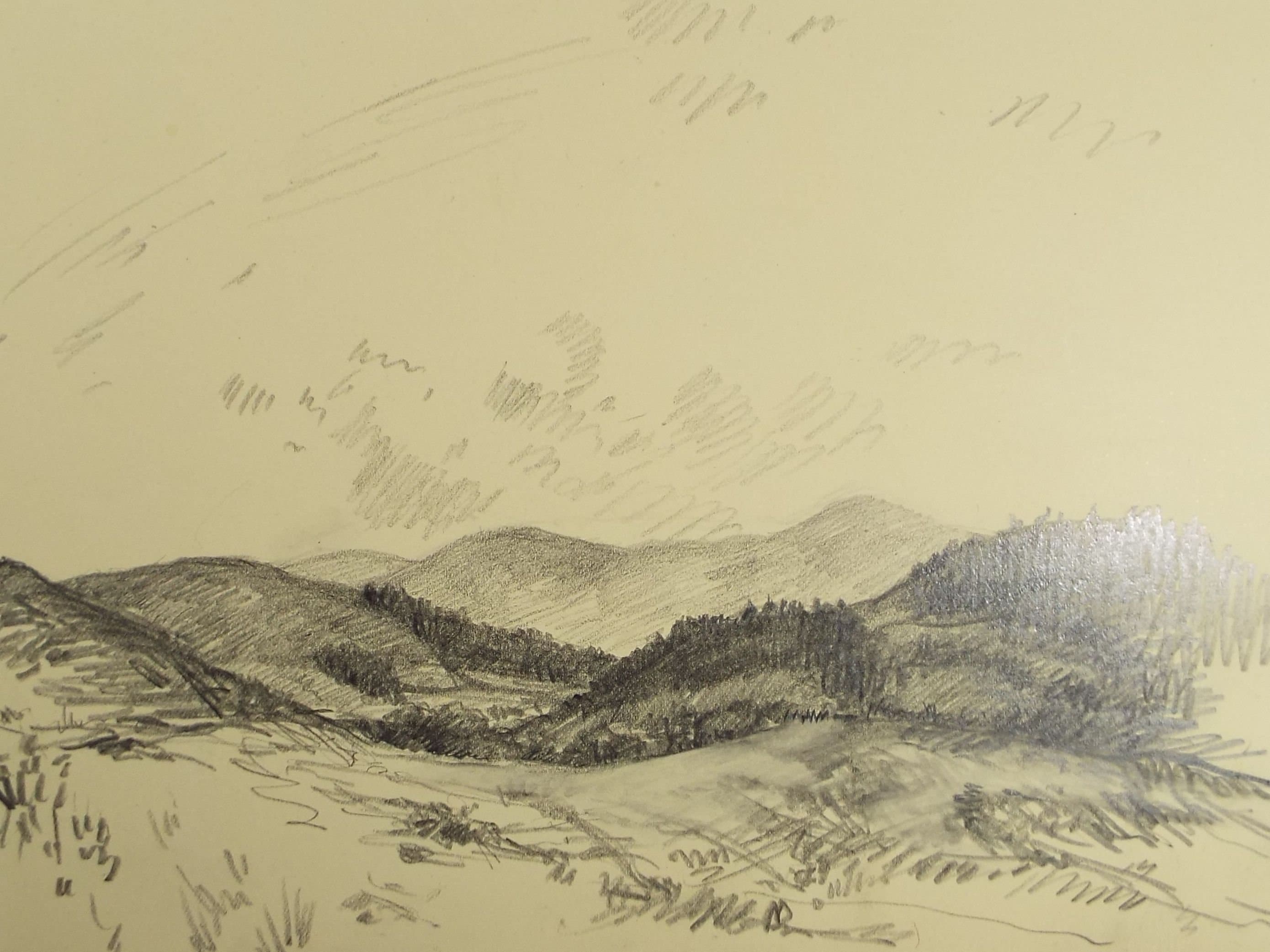 Original Pencil Drawing, 'Hilly Landscape with Trees', Circa 1920's, Nan C. Livingstone (1876-1952)