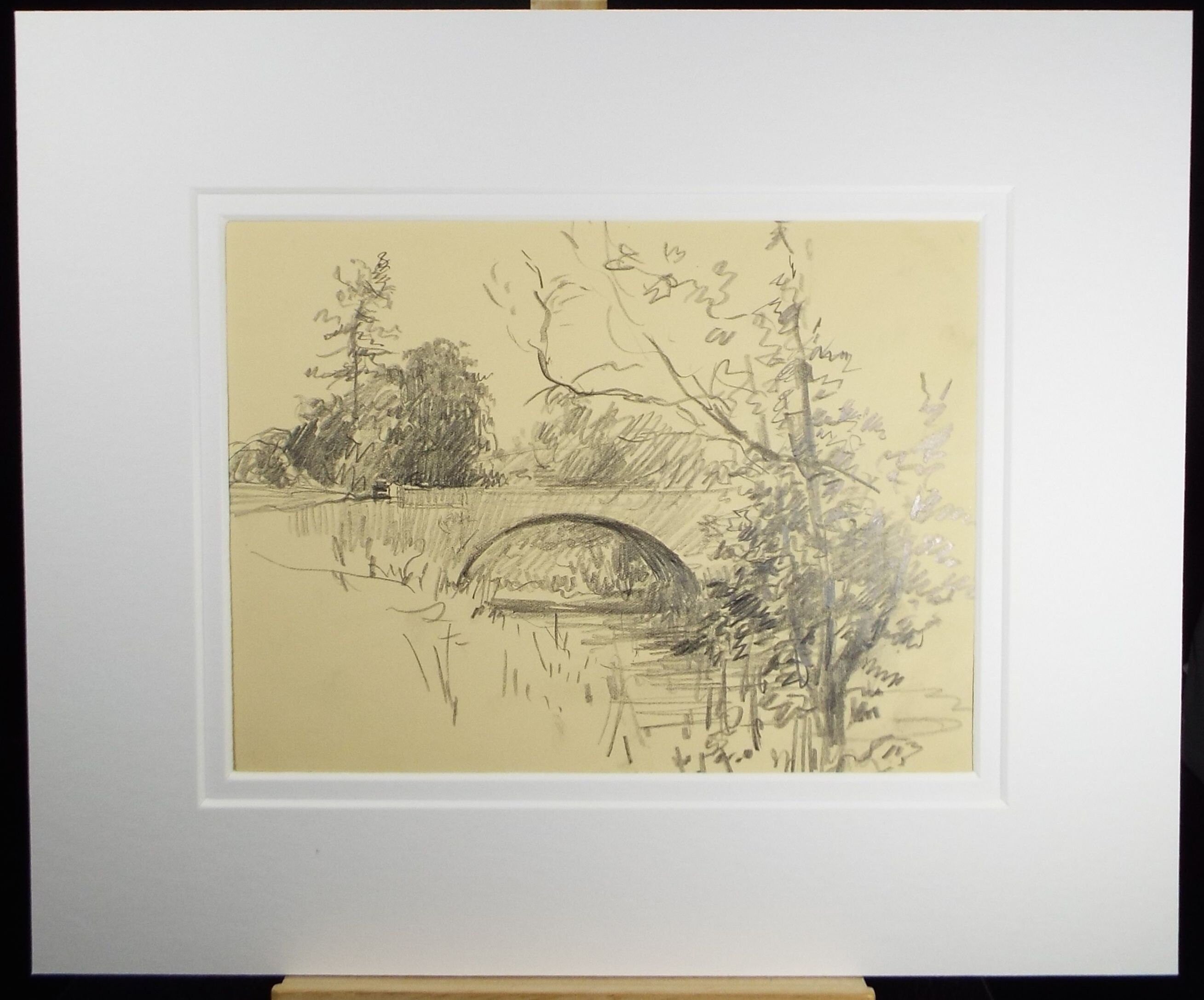 Original Pencil Drawing, 'Stone Bridge over the River', Circa 1920's, Nan C. Livingstone (1876-1952)