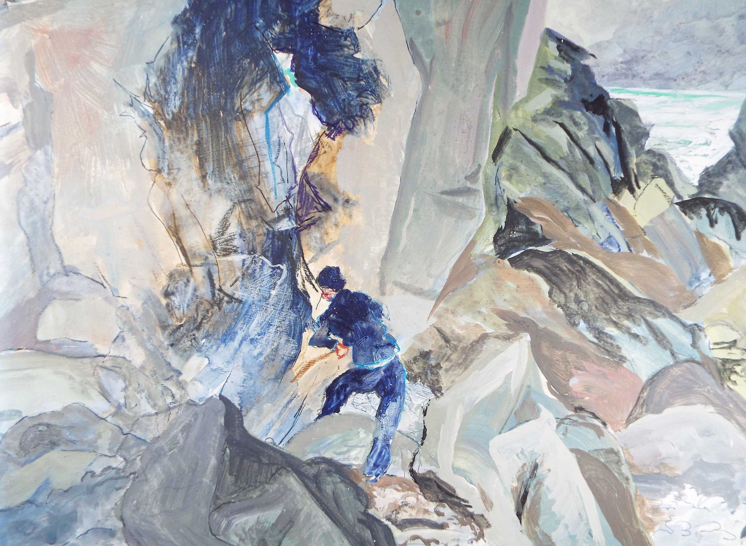Original Watercolour & Gouache, 'Rock climbing figure', Ivy T. Attwell (20th Century, British)