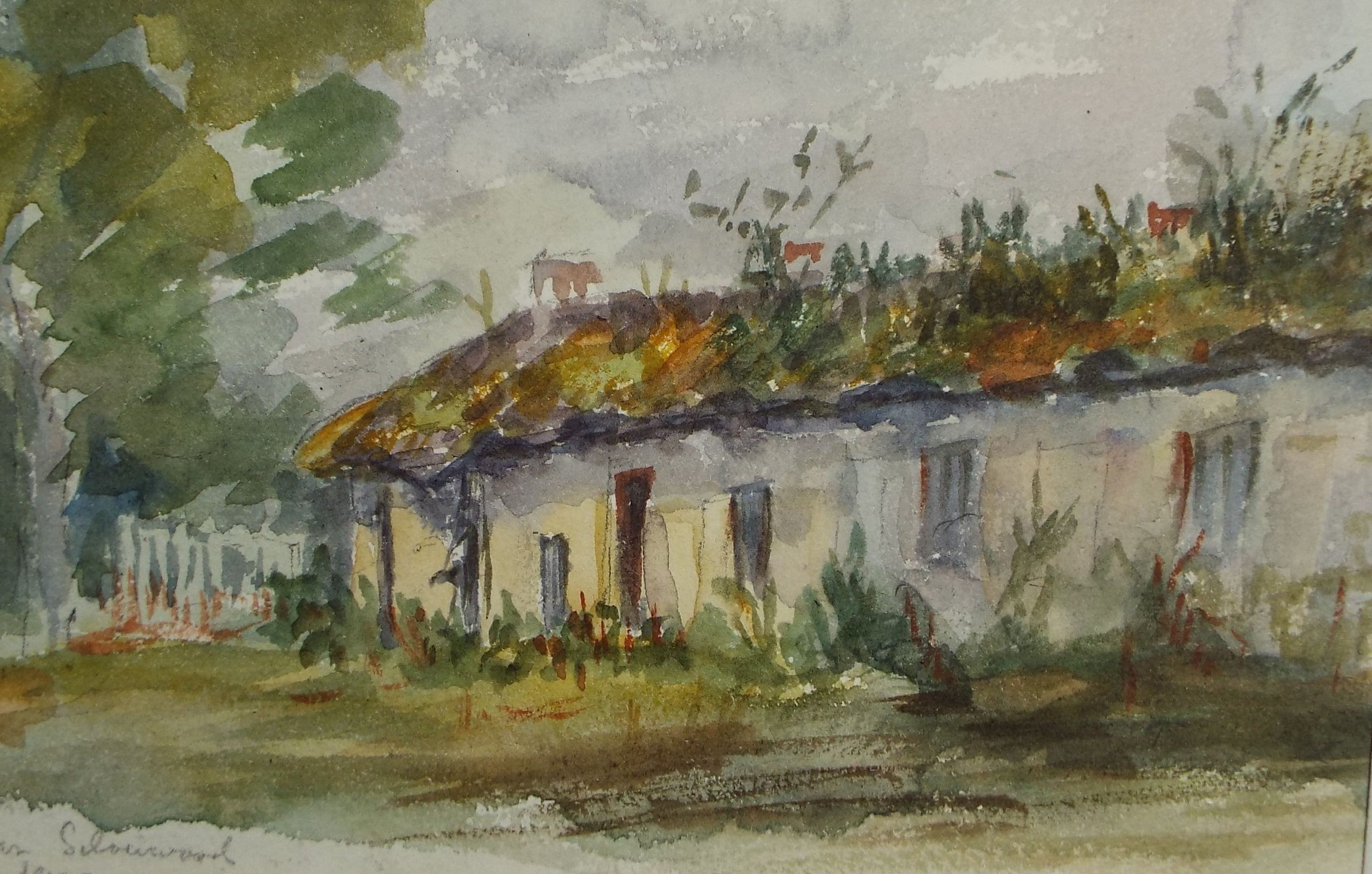 Original Watercolour on Paper, 'Row of Cottages', early 20th Century, Artist Unknown
