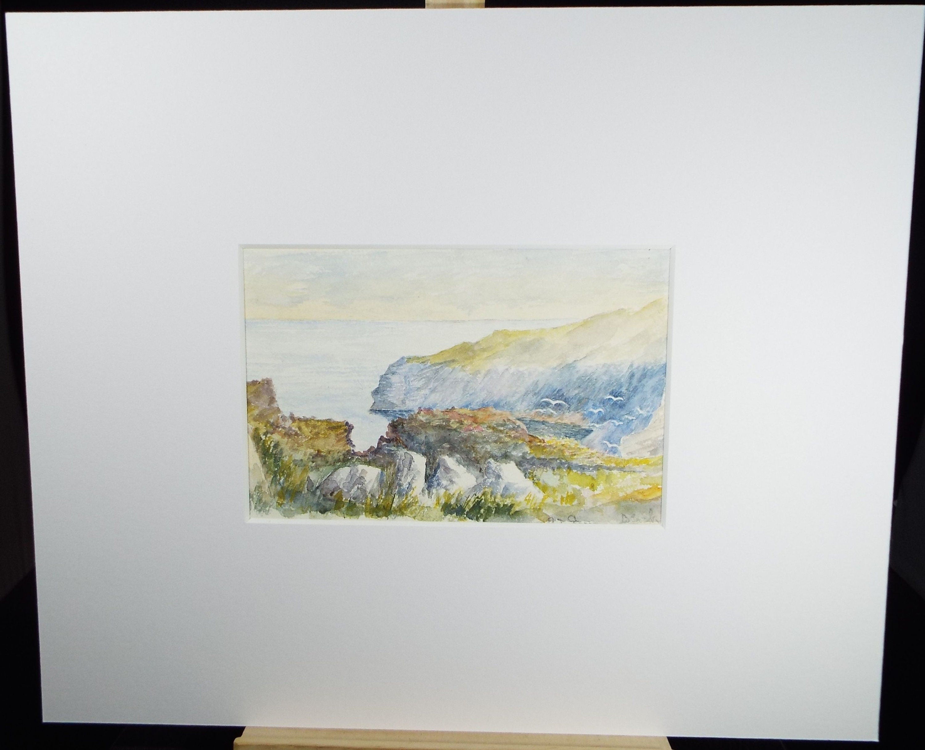 Original Watercolour on Paper, 'Sea with Coastal Cliffs', early 20th Century, Artist Unknown