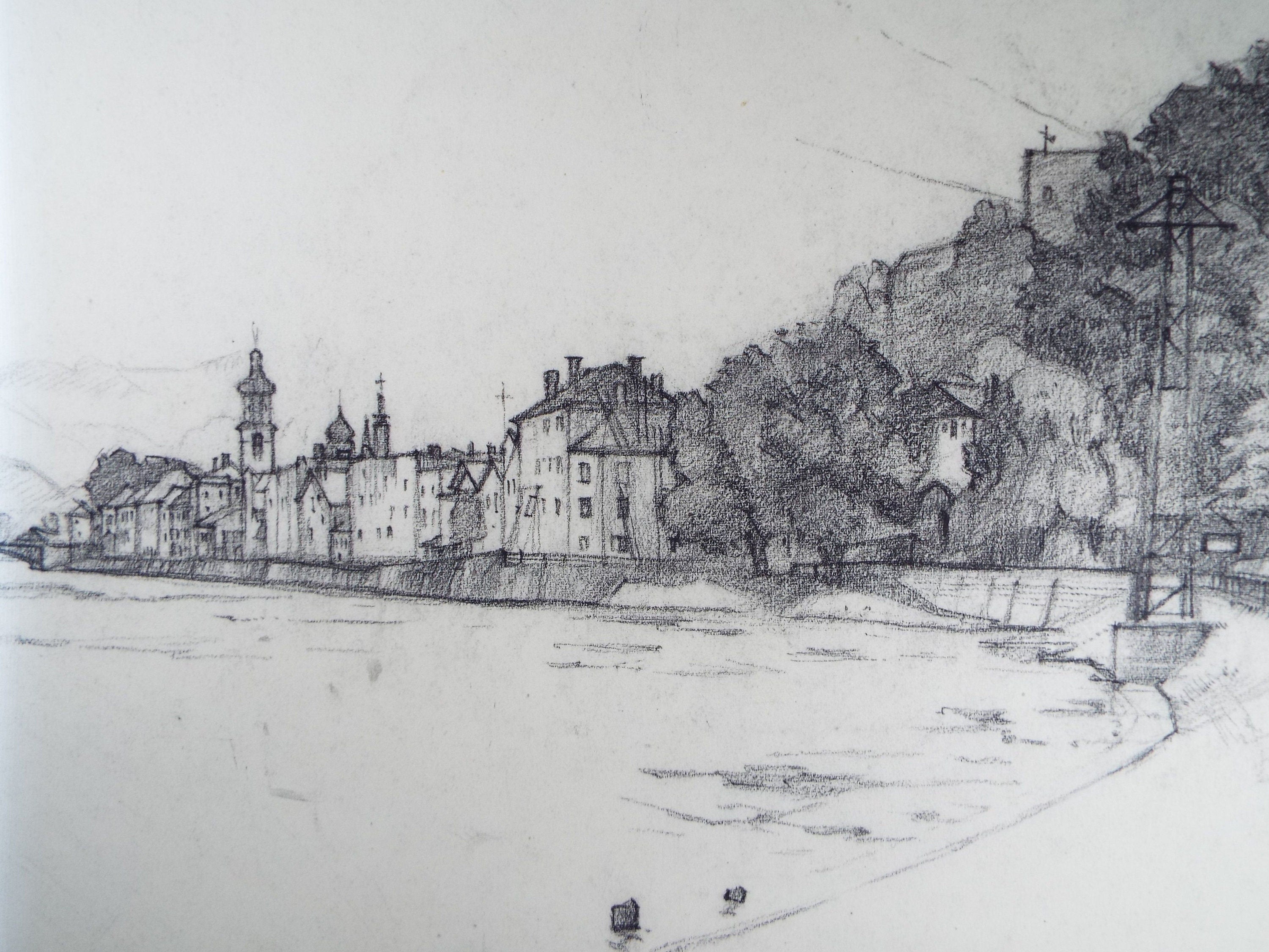 Original Pencil/Charcoal Drawing, 'Rattenberg, Austria',Circa 1950's, Douglas Pittuck (1911-1993)