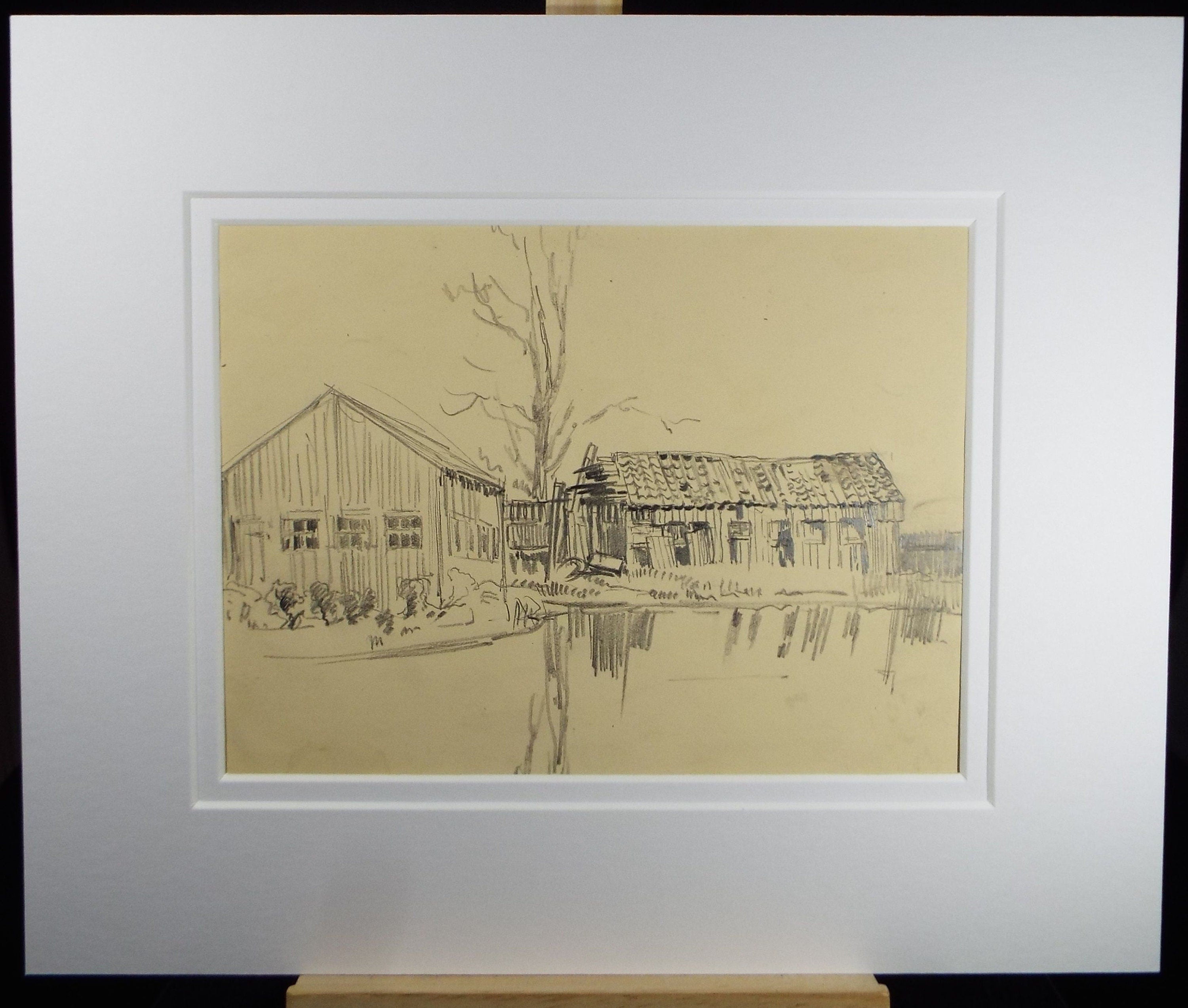 Original Pencil Drawing, 'A Farmstead' , c1920's, Nan C. Livingstone (1876-1952)