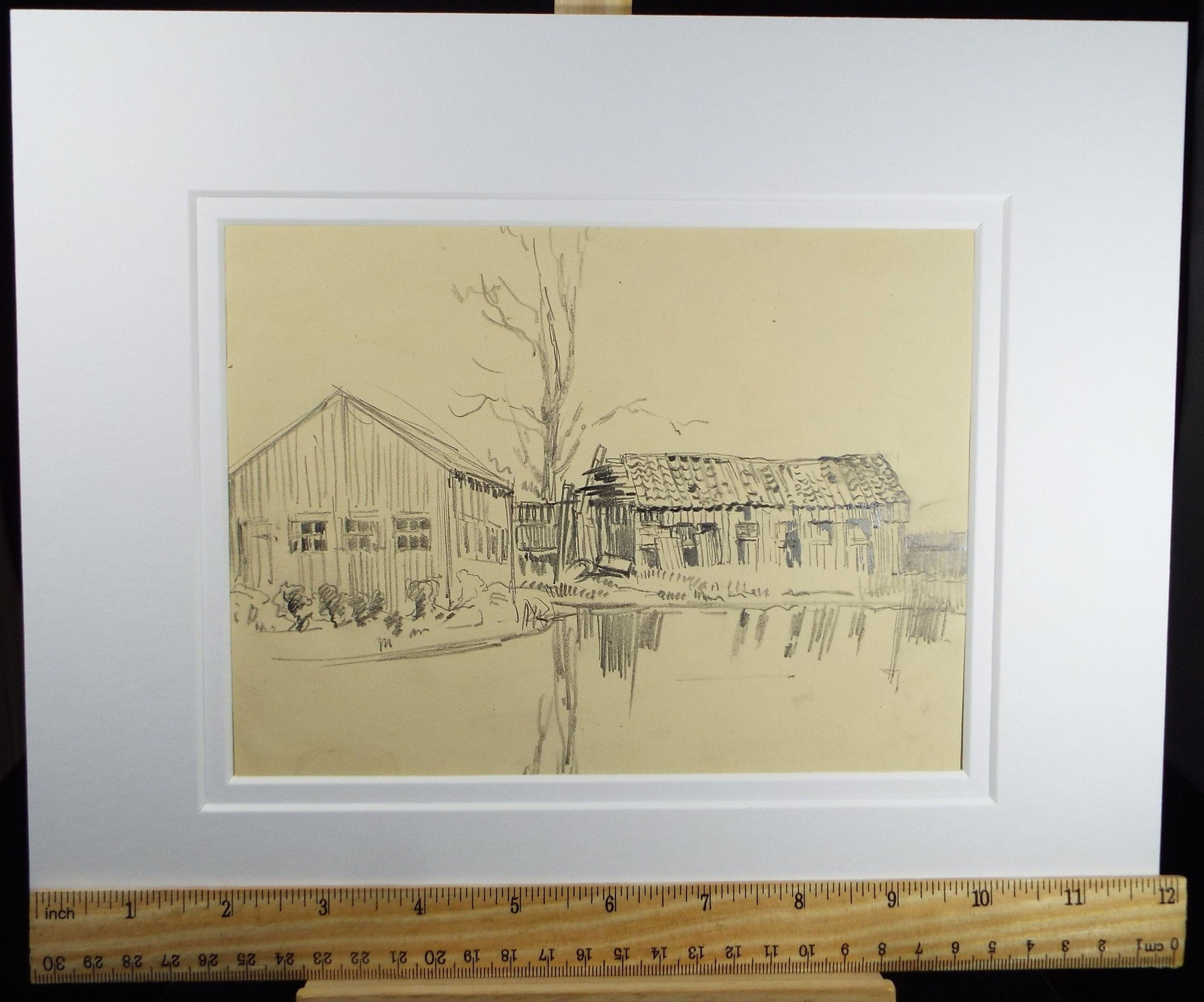 Original Pencil Drawing, 'A Farmstead' , c1920's, Nan C. Livingstone (1876-1952)