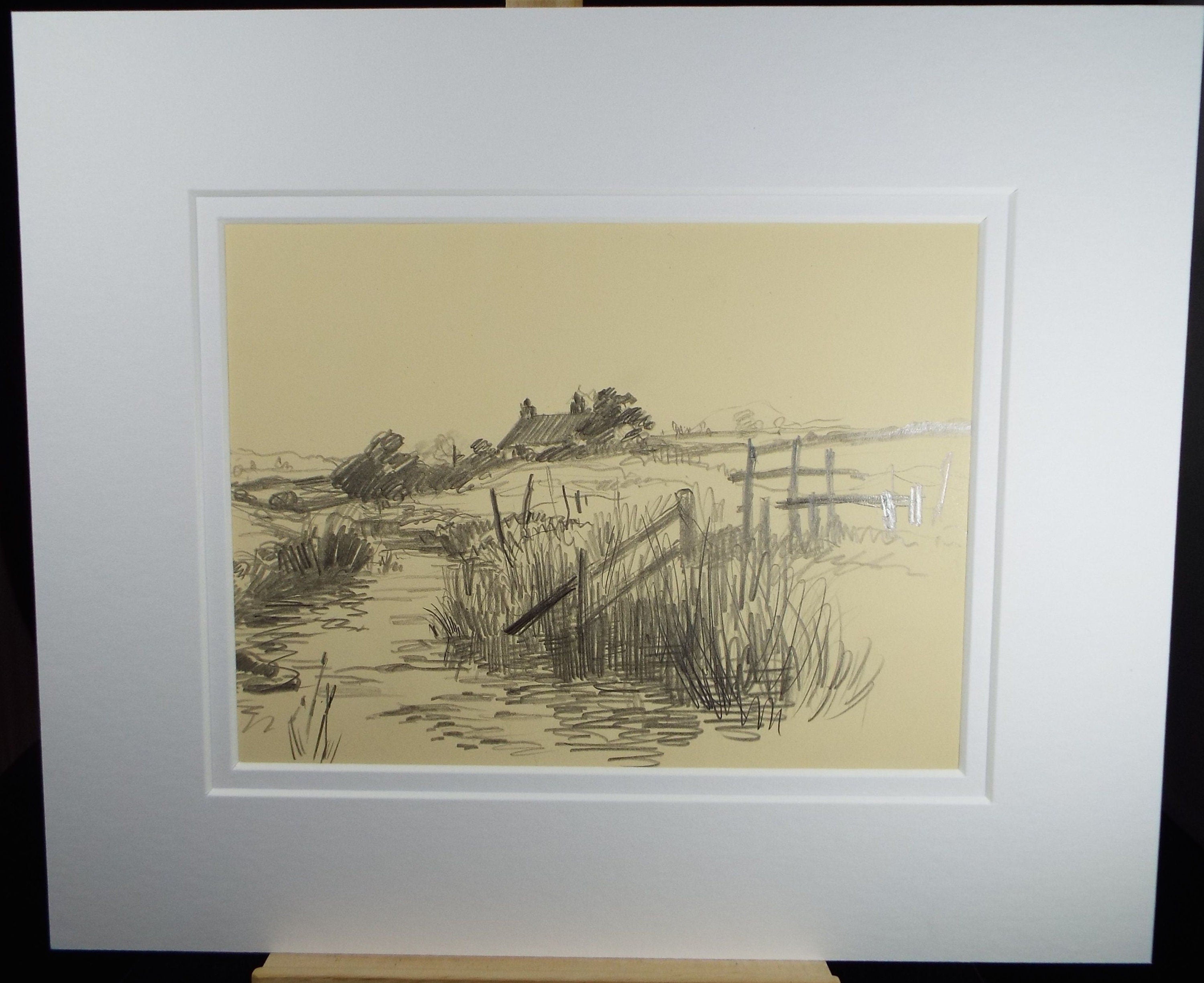 Original Pencil Drawing, 'Farmstead by a River', Dated 1928, Nan C. Livingstone (1876-1952)