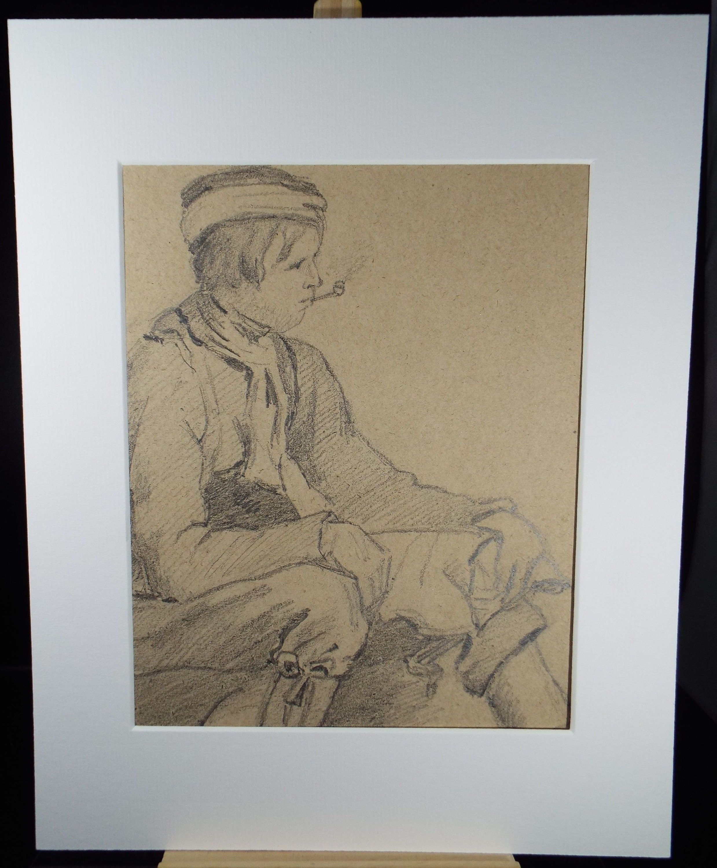 Original Pencil Drawing,  'Boy smoking a pipe', Circa 1883, Artist Unknown