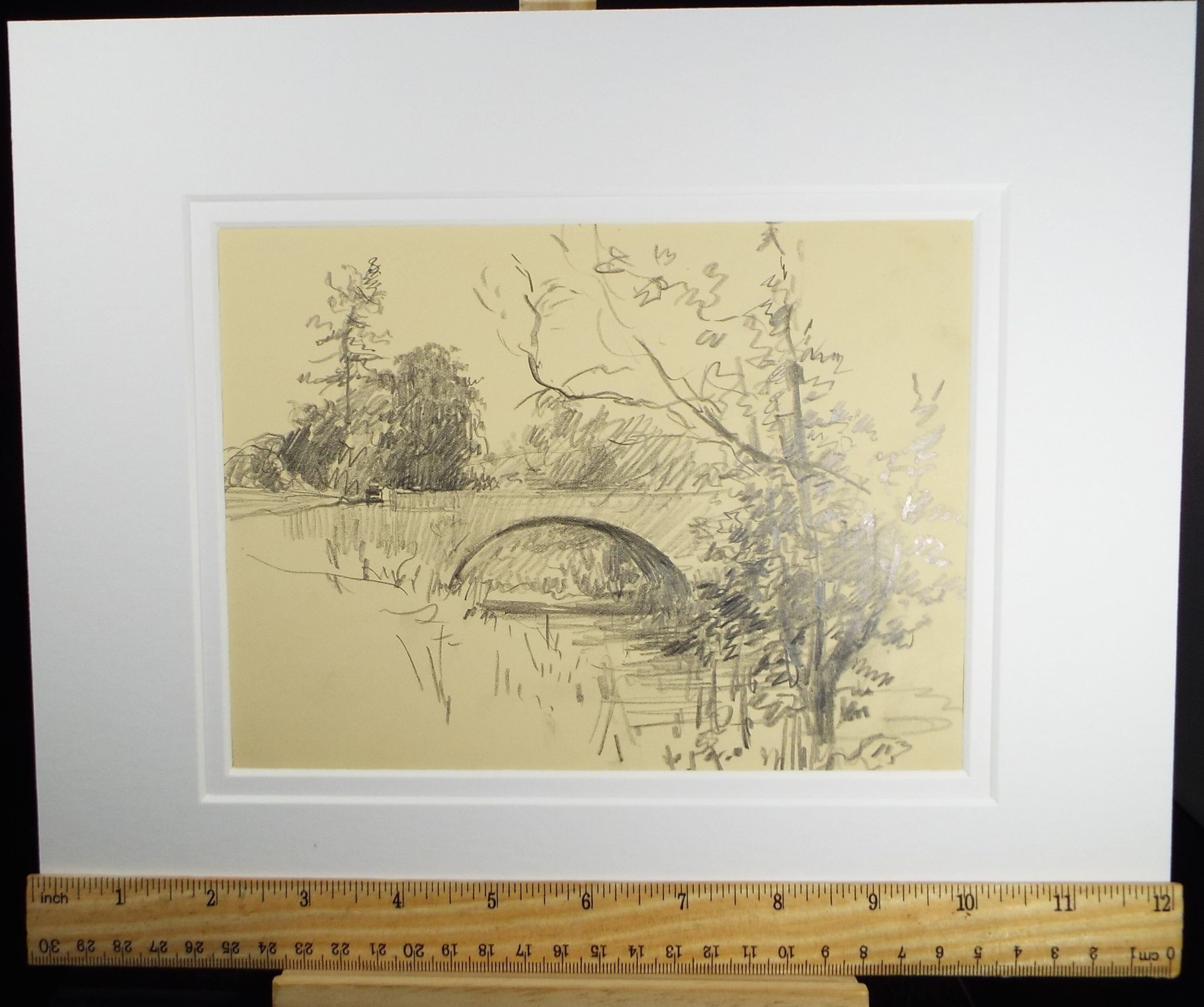 Original Pencil Drawing, 'Stone Bridge over the River', Circa 1920's, Nan C. Livingstone (1876-1952)