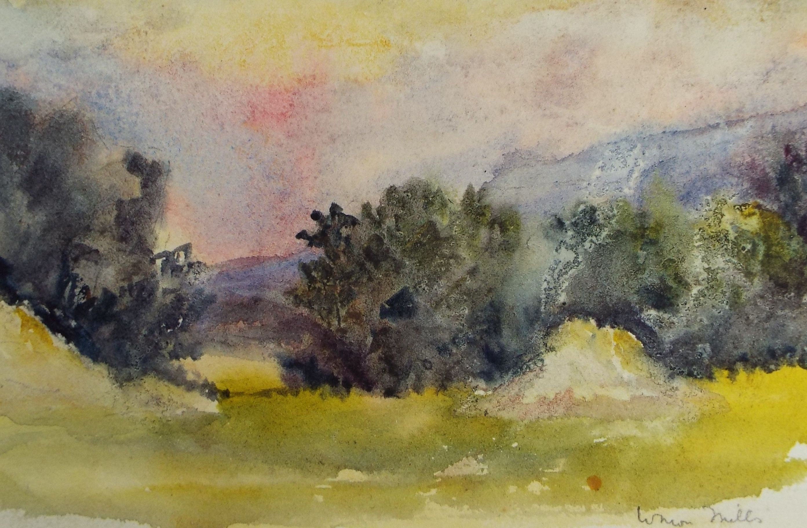 Original Watercolour on Paper, 'Landscape at Sunset', early 20th Century, Artist Unknown