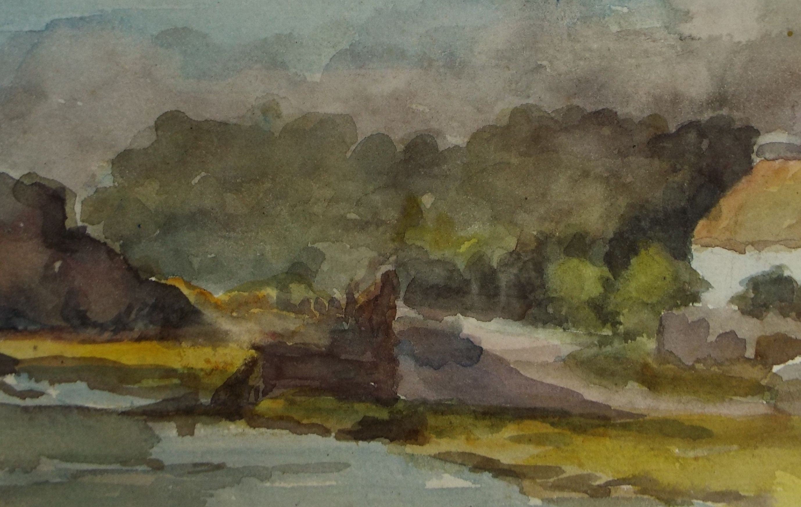 Original Watercolour on Paper, 'Cottage by the River', early 20th Century, Artist Unknown