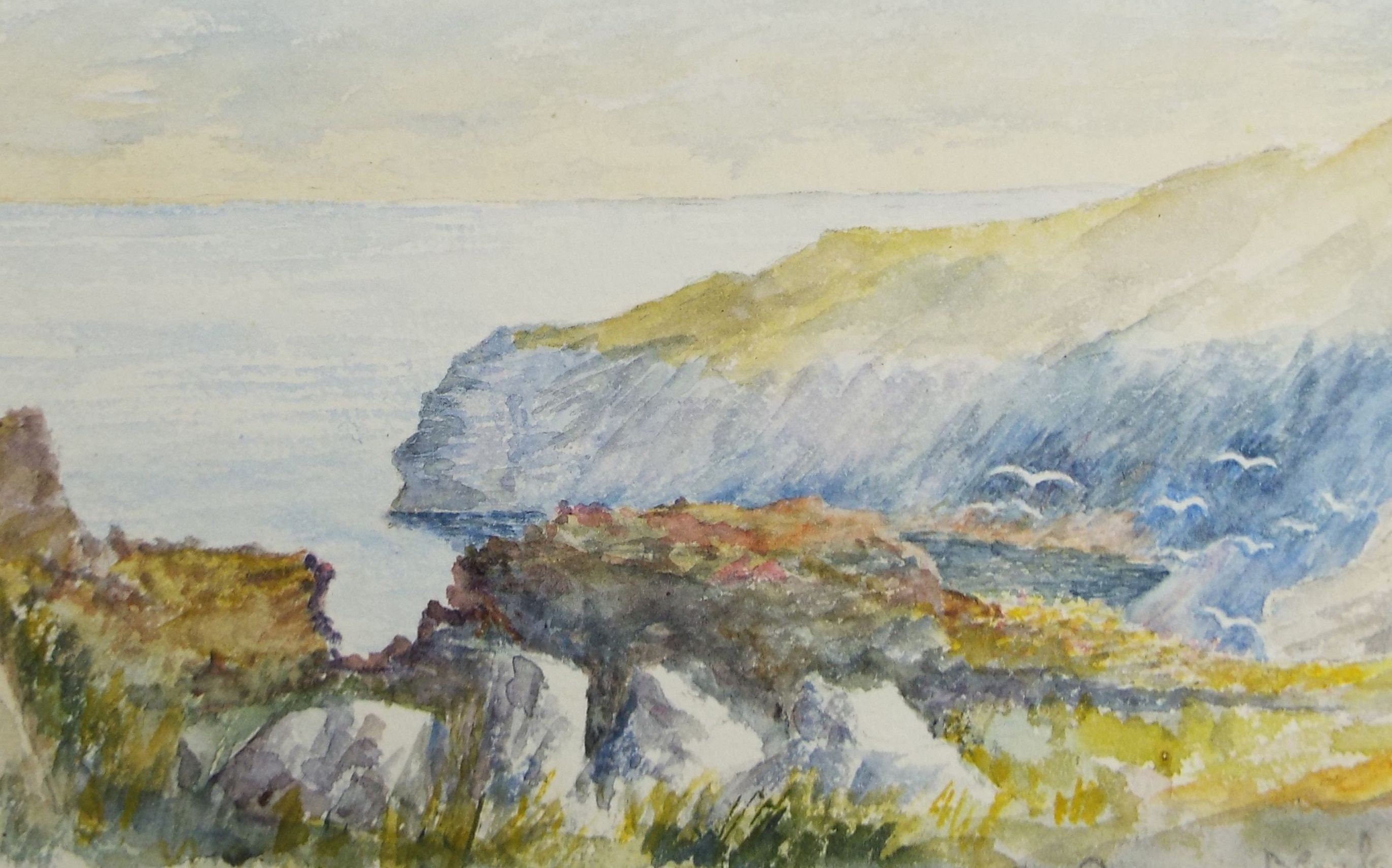 Original Watercolour on Paper, 'Sea with Coastal Cliffs', early 20th Century, Artist Unknown