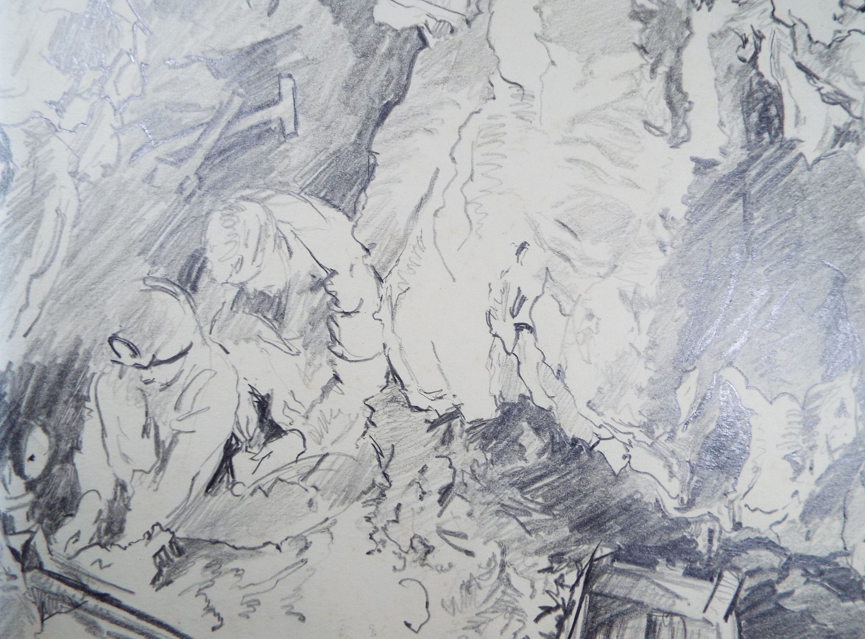 Original Pencil Drawing, 'Figures in a Coal Mine', Ivy T. Attwell (20th Century, British)