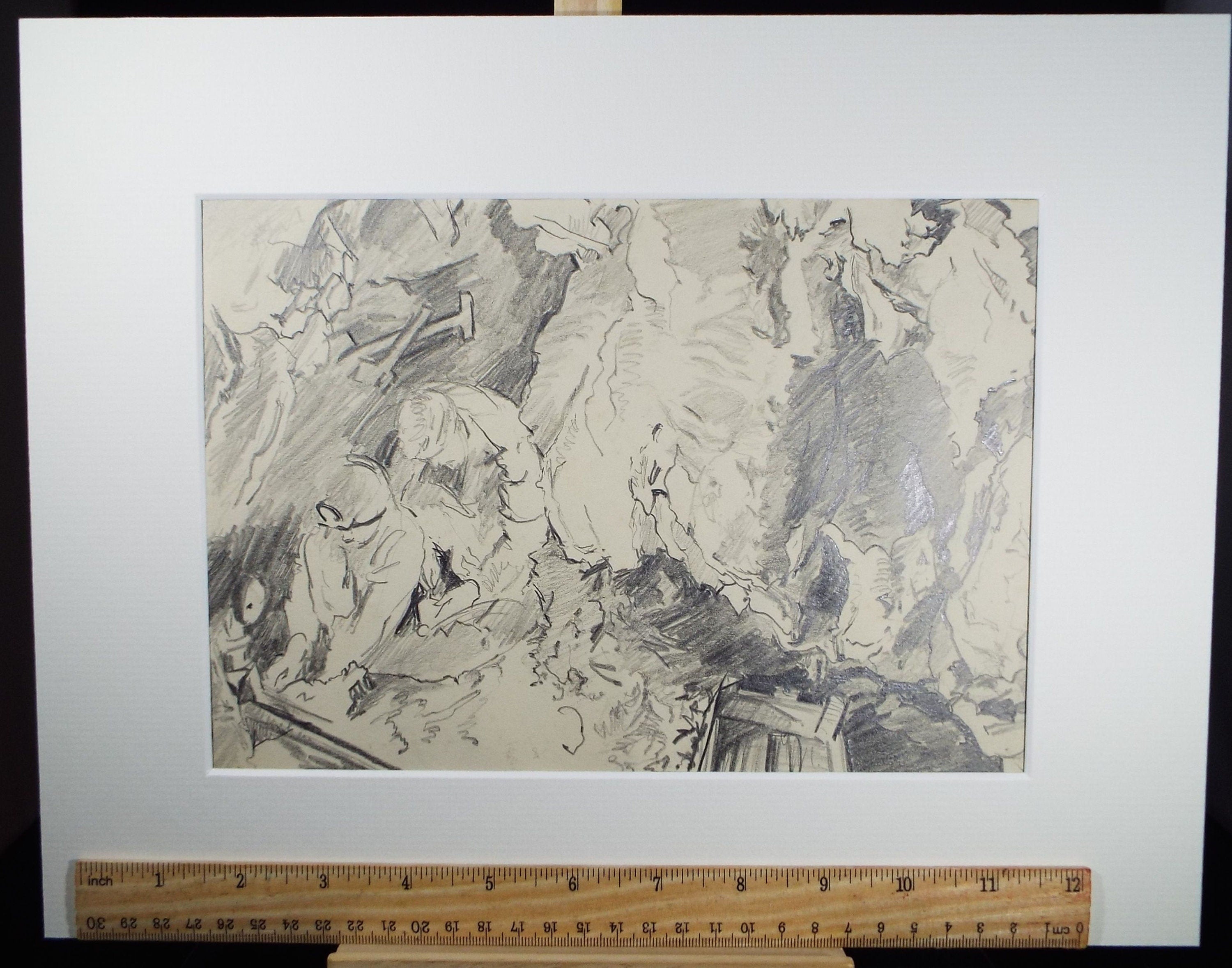 Original Pencil Drawing, 'Figures in a Coal Mine', Ivy T. Attwell (20th Century, British)