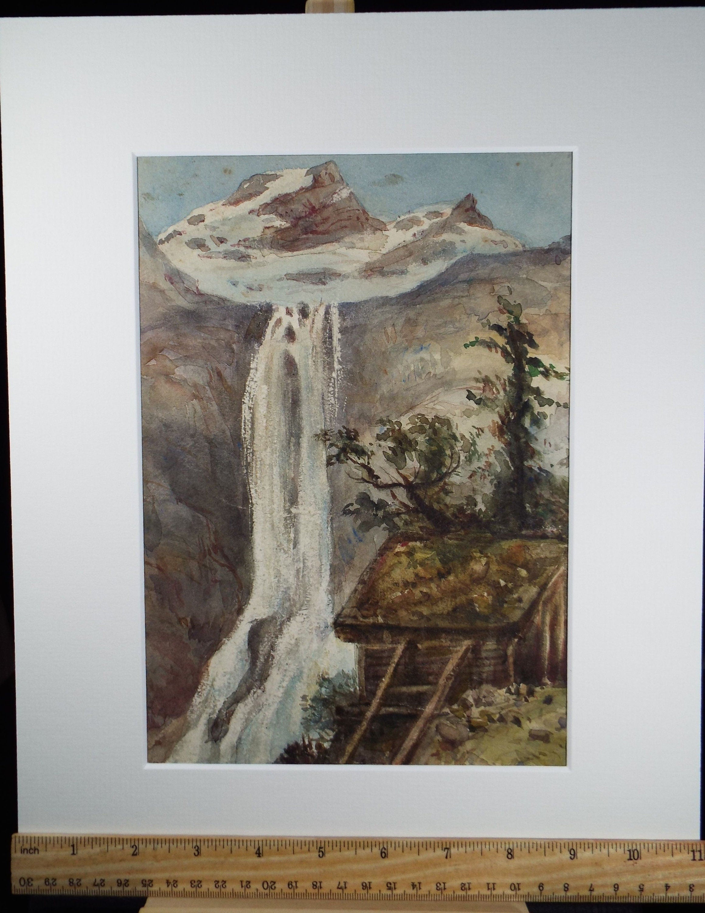 Original Watercolour, 'Alpine Waterfall' Late 19th Century, Artist Unknown