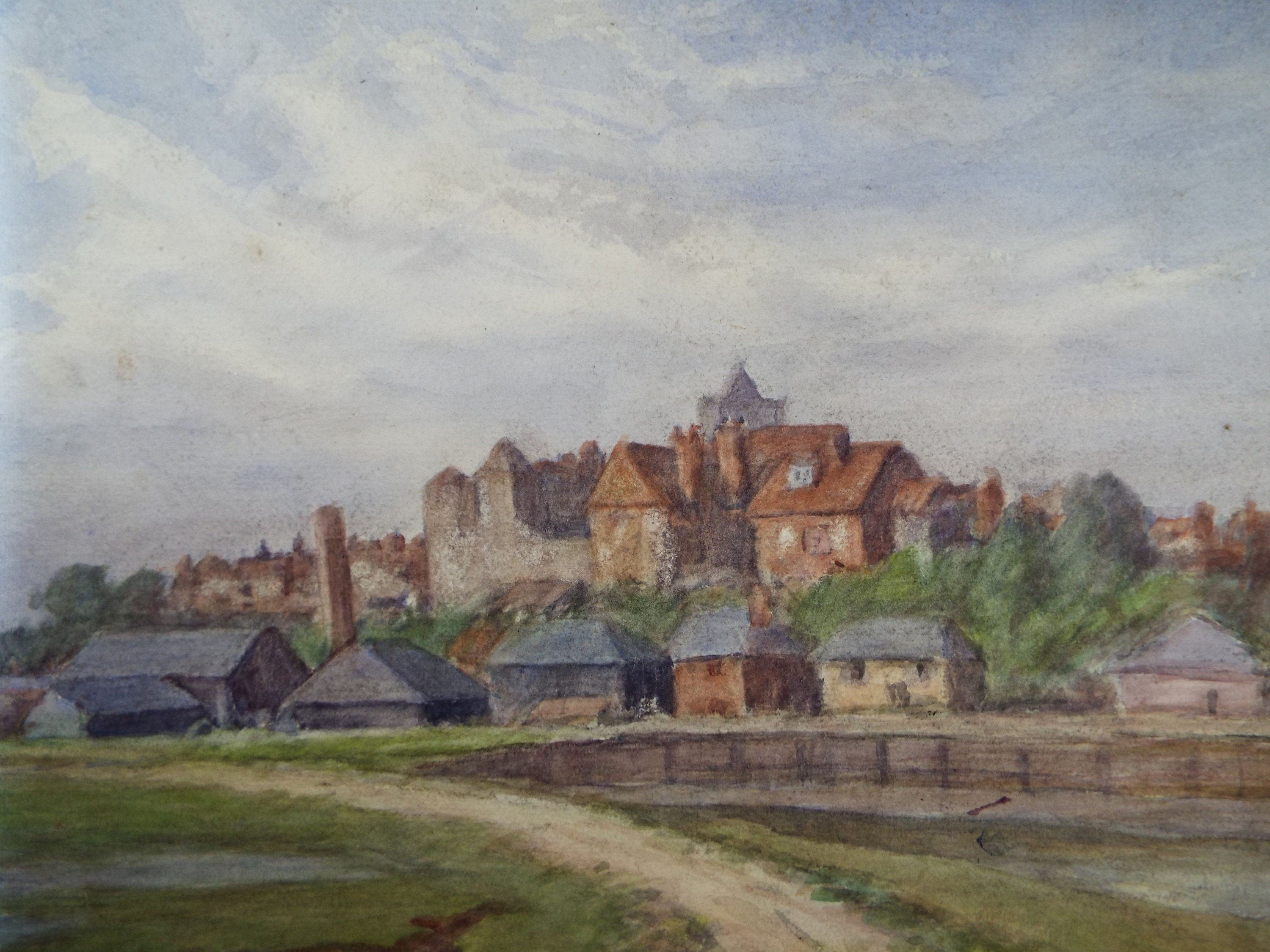 Original Watercolour on Paper, 'Riverside Town ', Circa 1930's, Artist Unknown