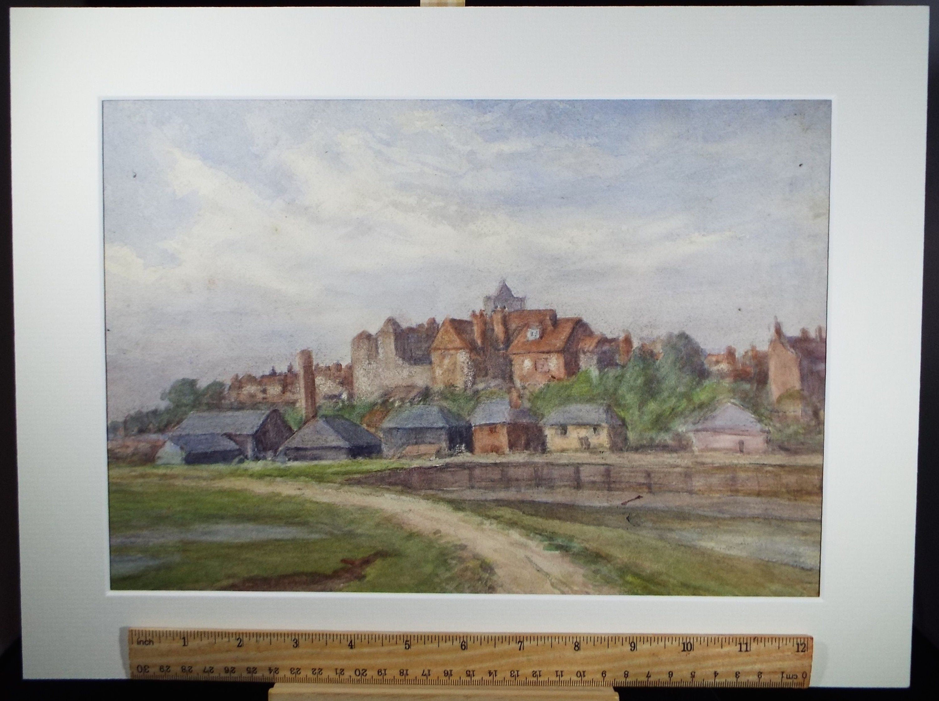 Original Watercolour on Paper, 'Riverside Town ', Circa 1930's, Artist Unknown