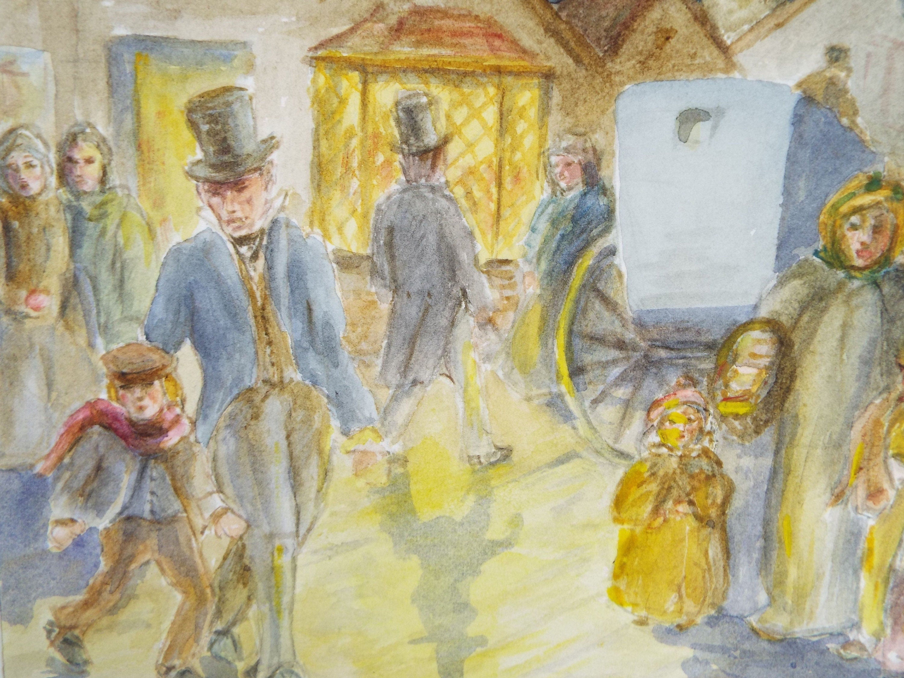 Original Watercolour,' Victorian Street Scene with Figures' c1980's,Artist Unknown