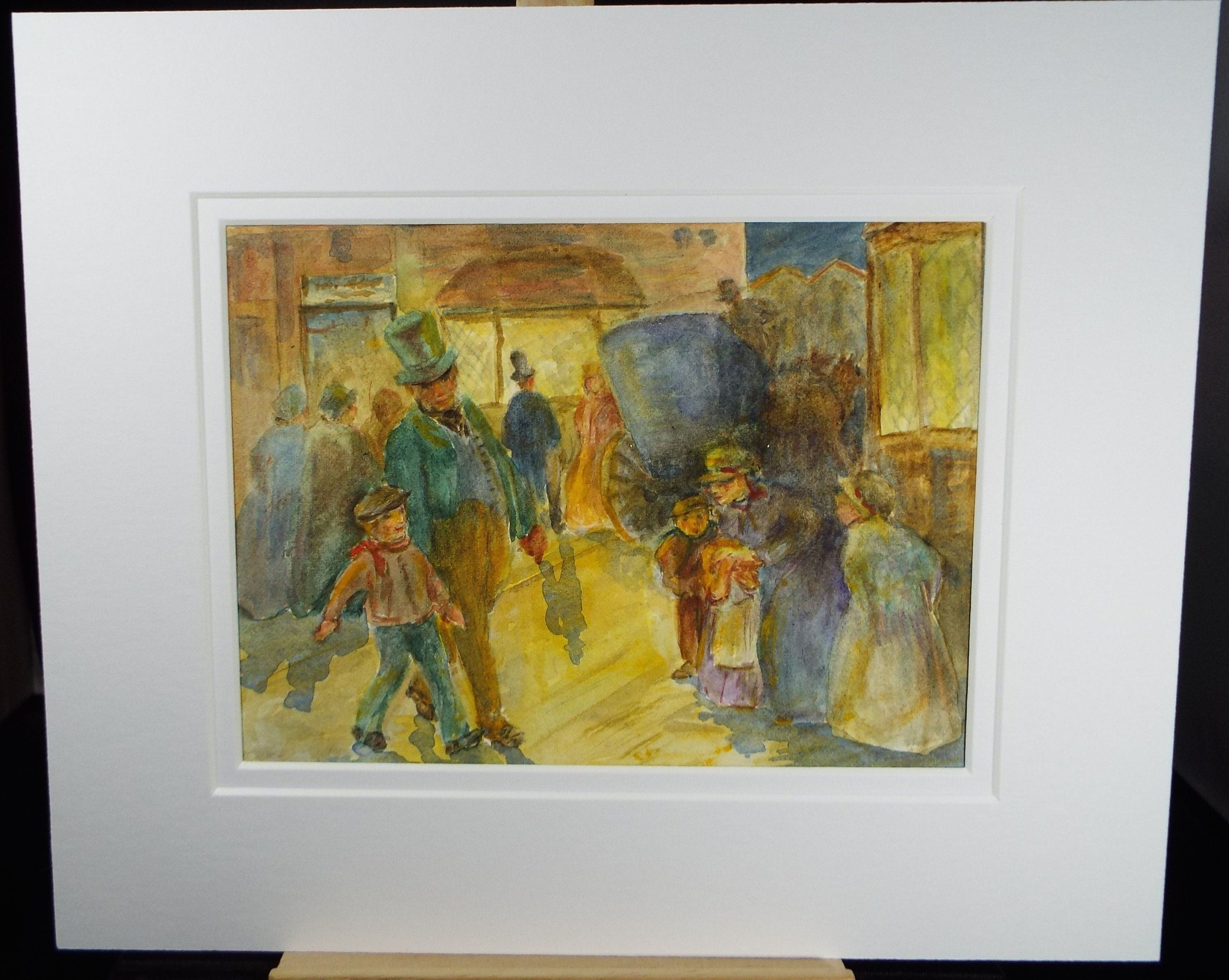 Original Watercolour,' Victorian Street Scene with Figures' c1980's,Artist Unknown