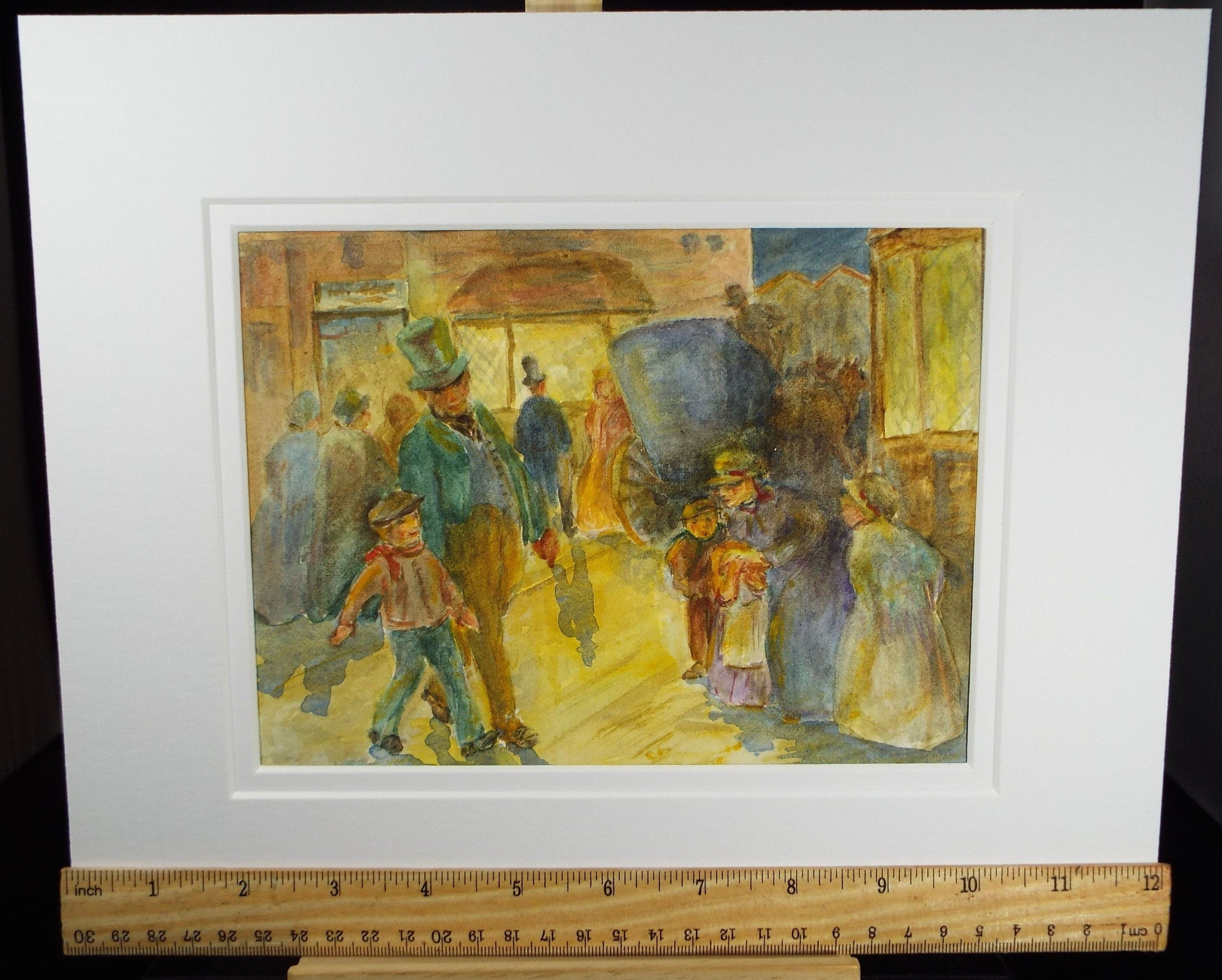 Original Watercolour,' Victorian Street Scene with Figures' c1980's,Artist Unknown