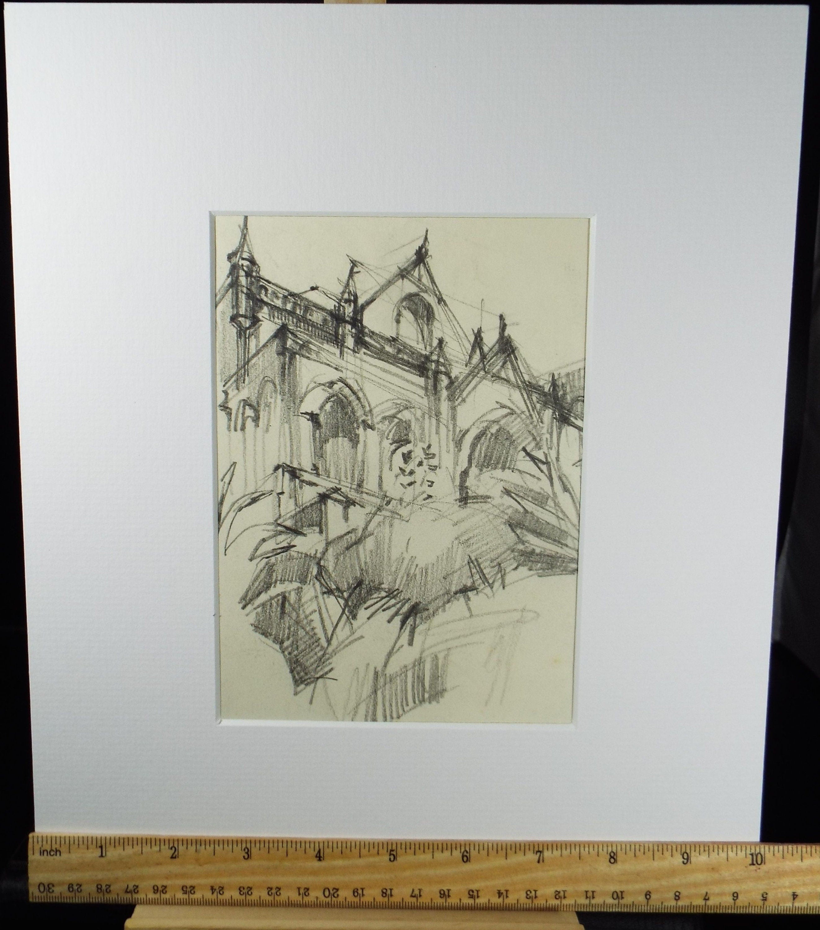 Original Pencil Drawing, 'Abbey Study' circa 1980's, Douglas Pittuck (1911-1993)