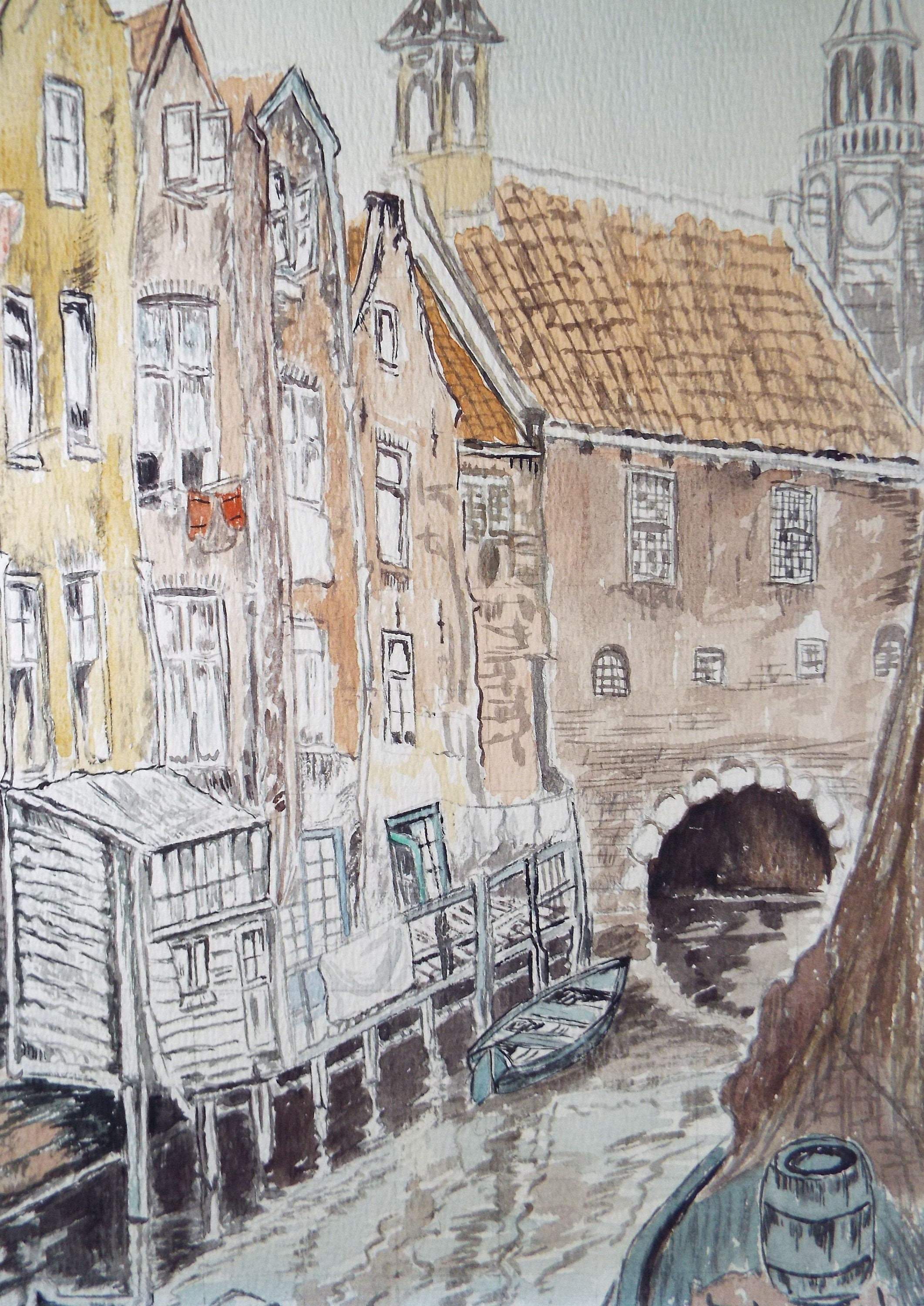 Original Watercolour, 'A Continental Waterway', Dated 1967, Indistinctly Signed