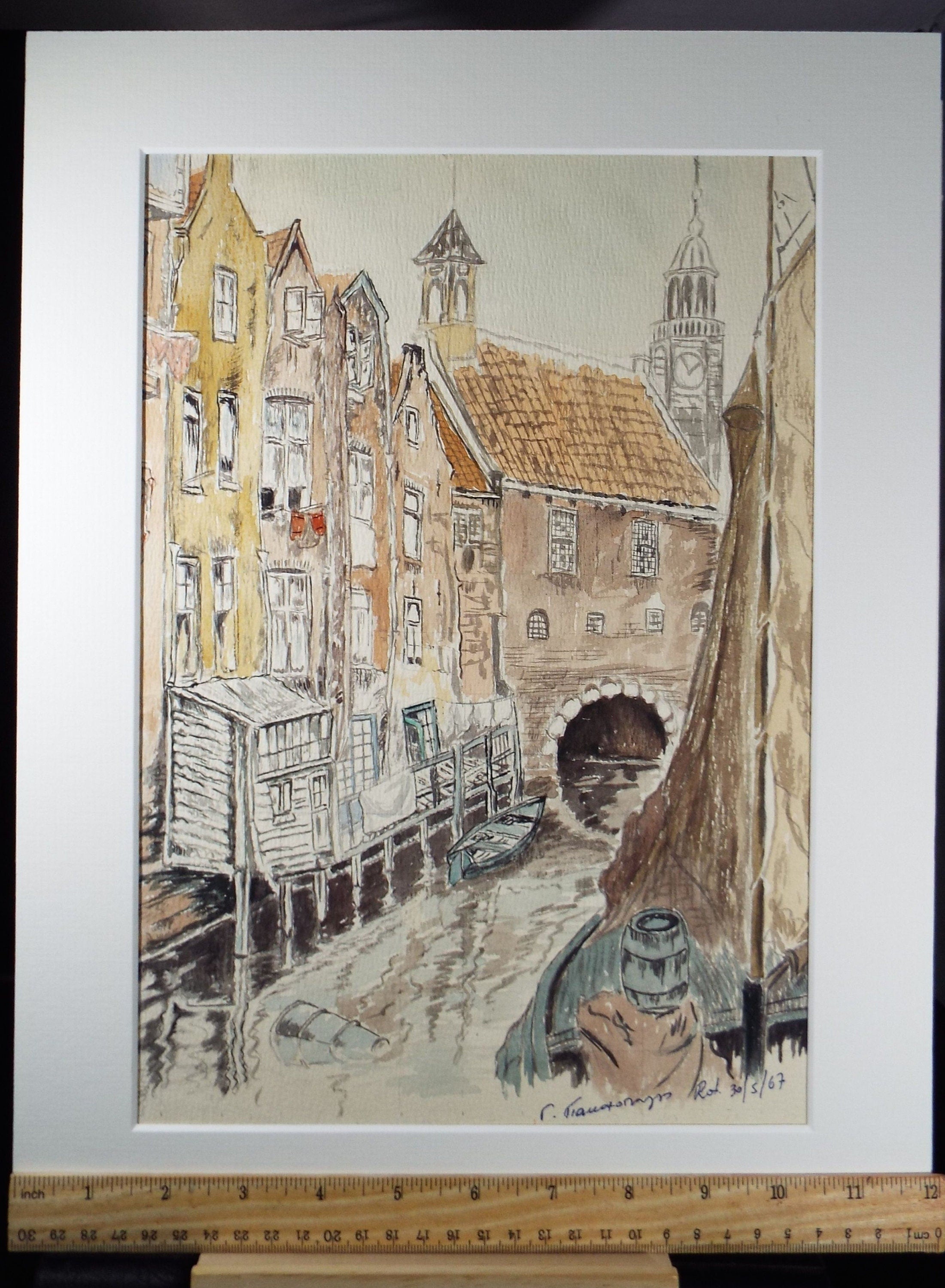 Original Watercolour, 'A Continental Waterway', Dated 1967, Indistinctly Signed