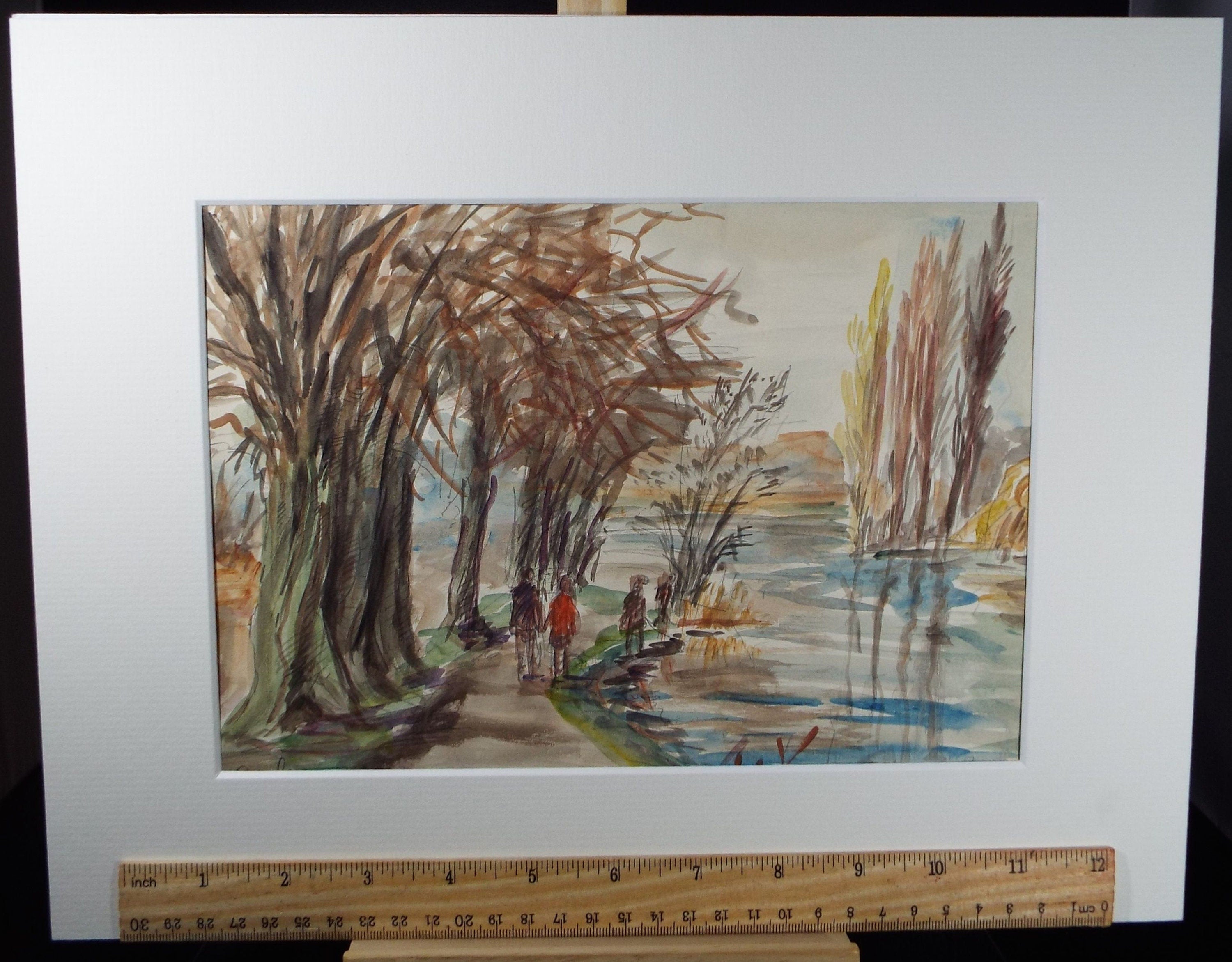 Original Watercolour, 'Riverside Walk' Circa 1960's, Signed Pooley