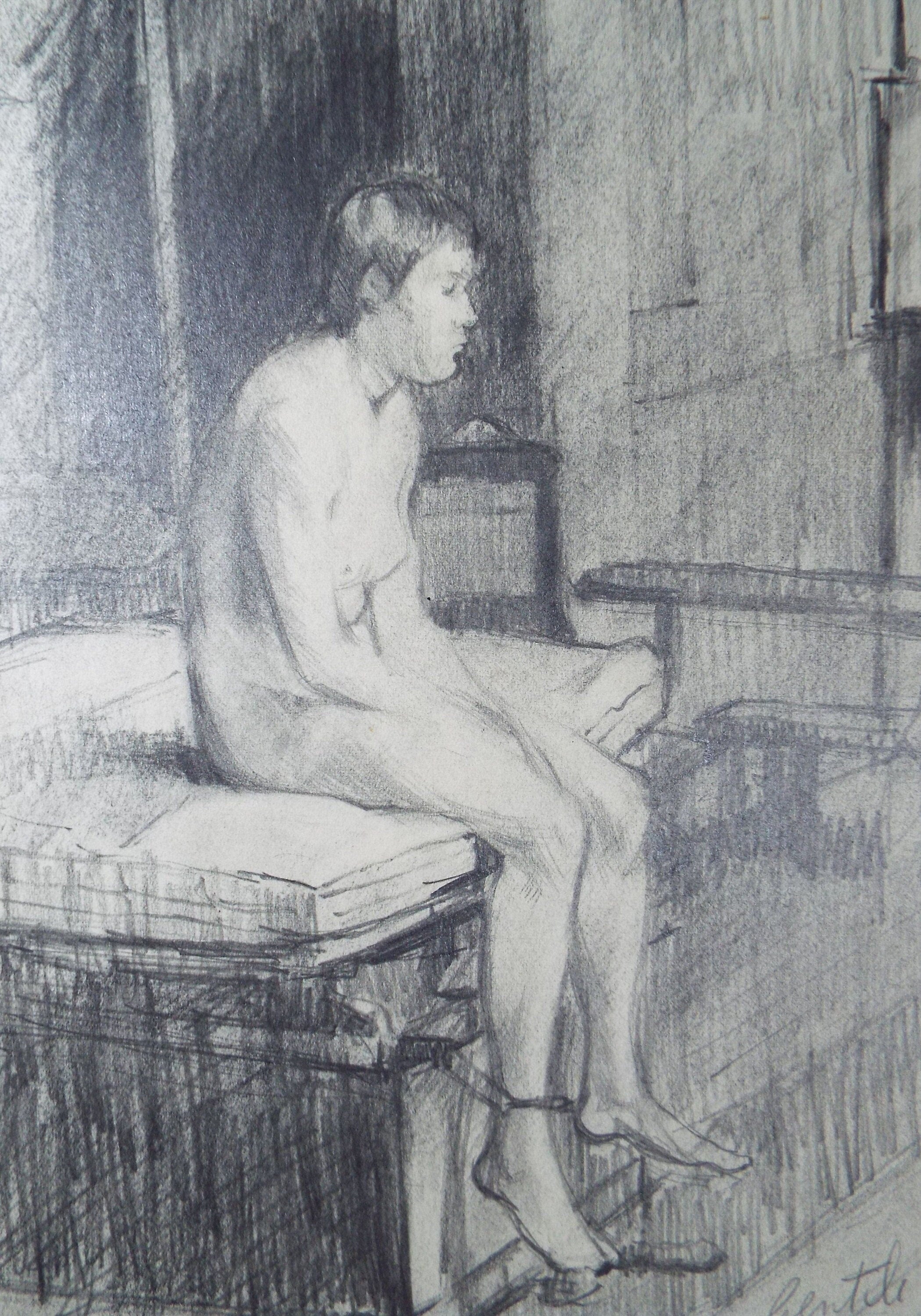 Original Pencil Drawing, 'Seated Nude on a bed', c1960's, Signed Gentile