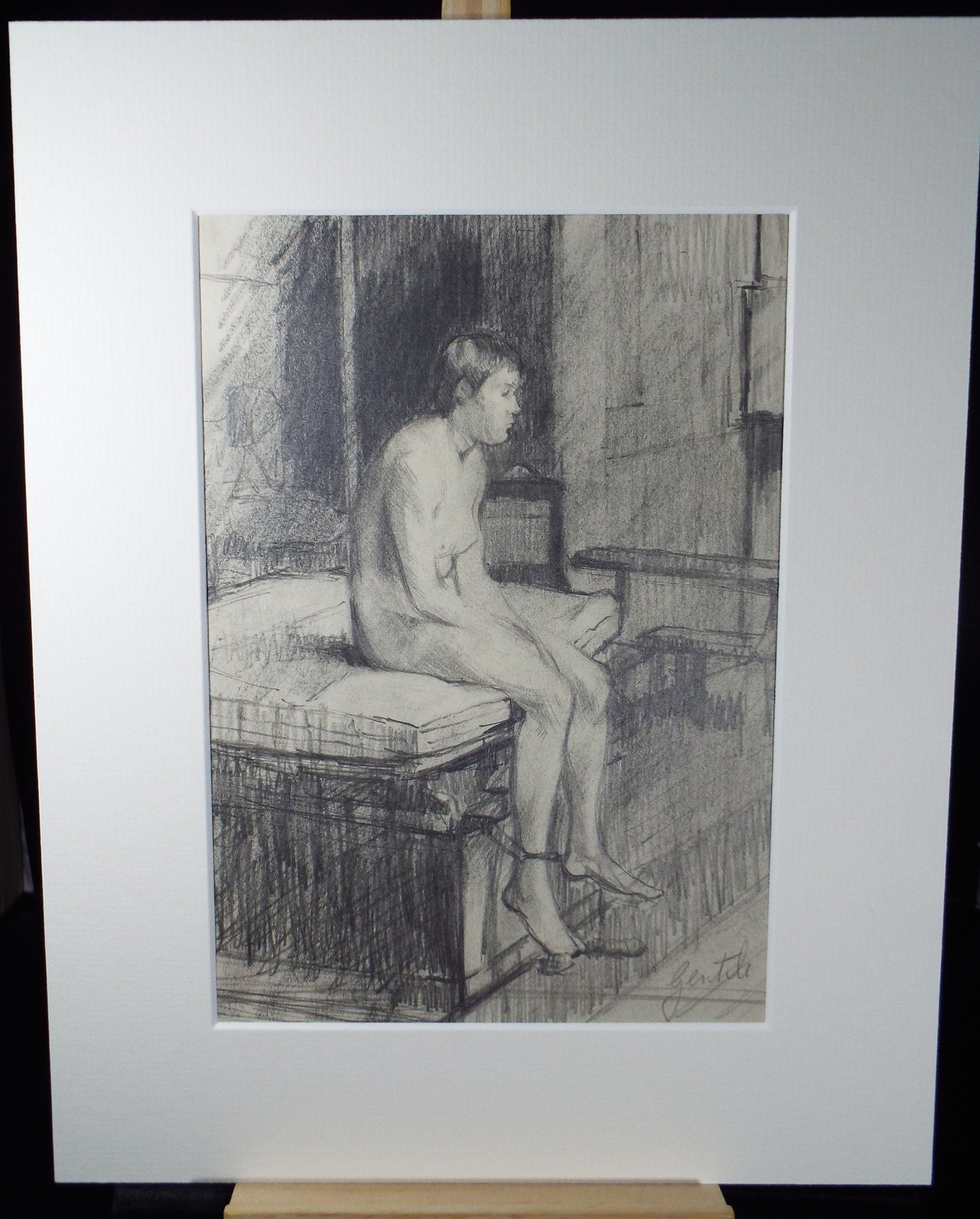 Original Pencil Drawing, 'Seated Nude on a bed', c1960's, Signed Gentile