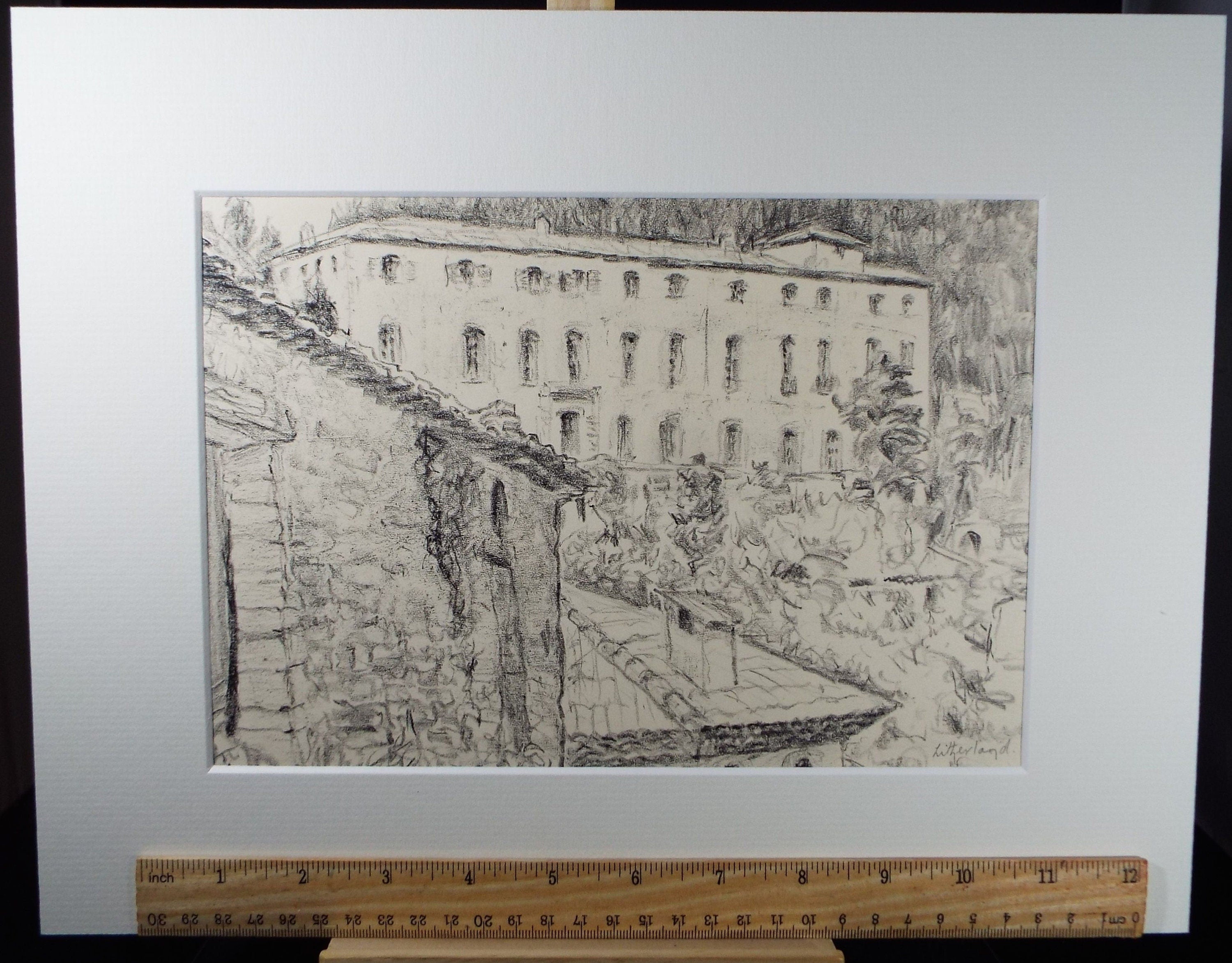 Original Pencil drawing/conte, 'French Commune', Circa 1990's , Dorothy Litherland (20th Century British)