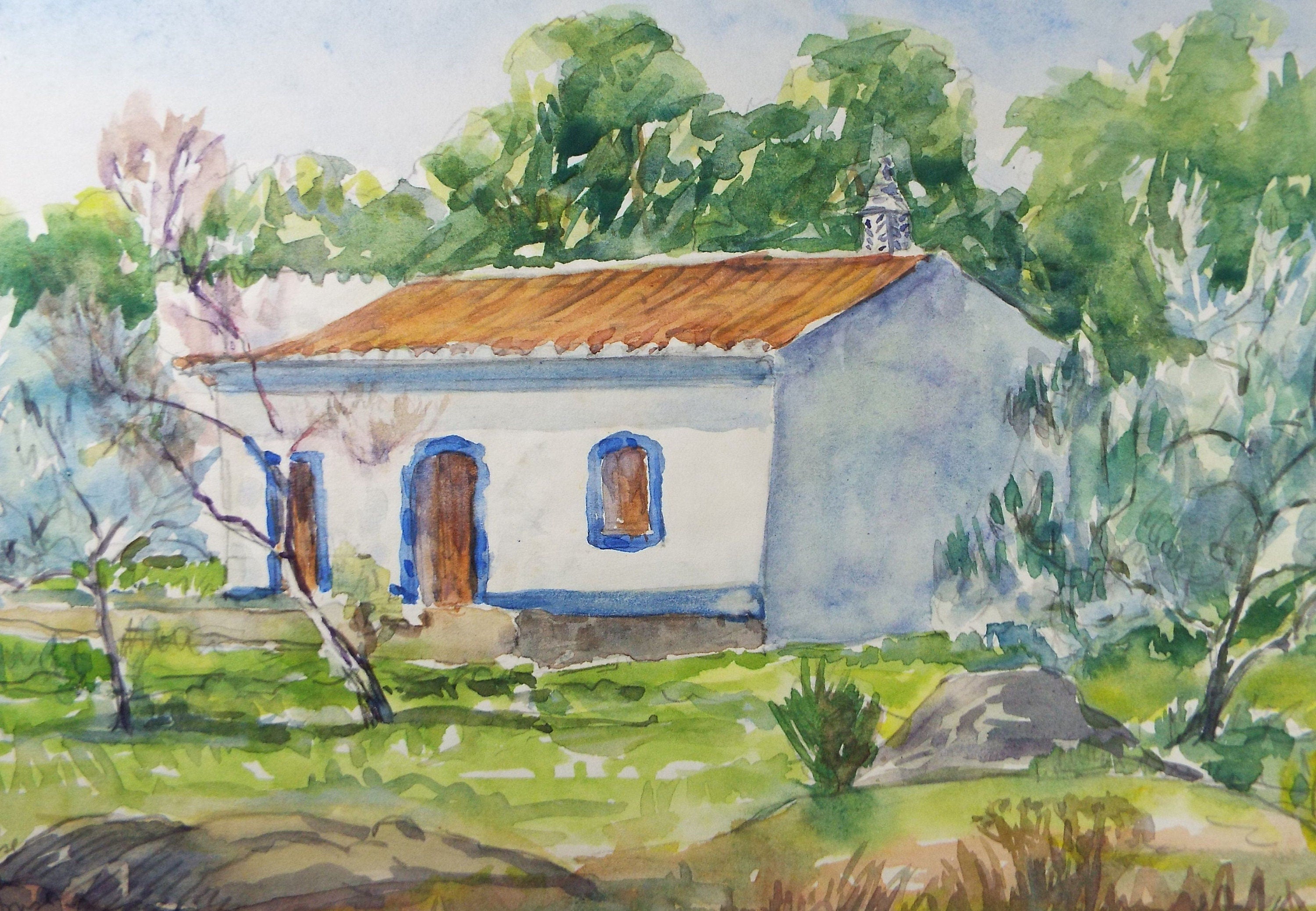 Original Watercolour, 'Spanish Farmhouse', circa 1990's, Dorothy Litherland.