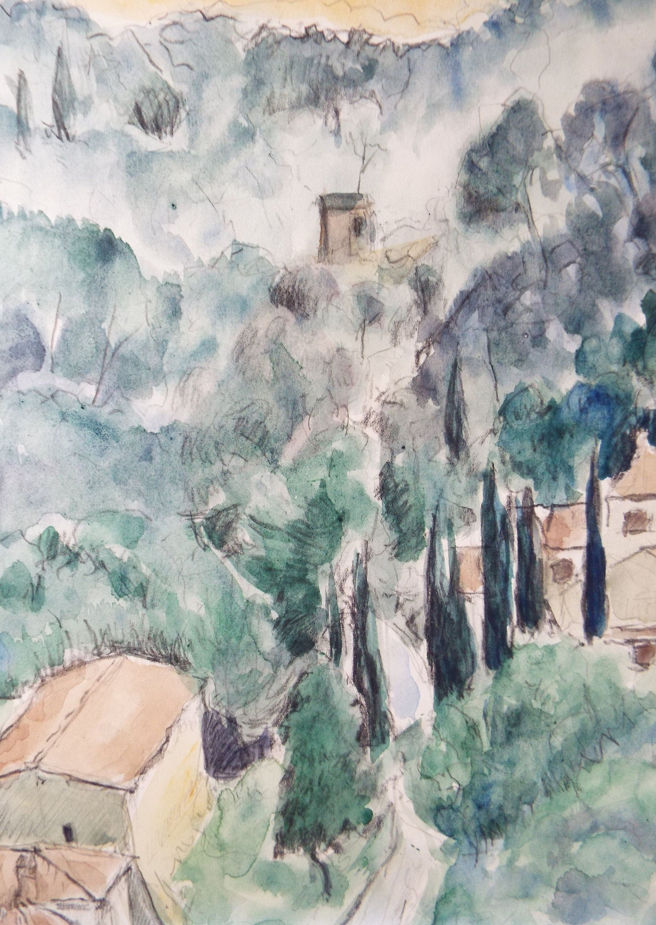 Original Watercolour, 'Village in the Hills', circa 1990, Dorothy Litherland.