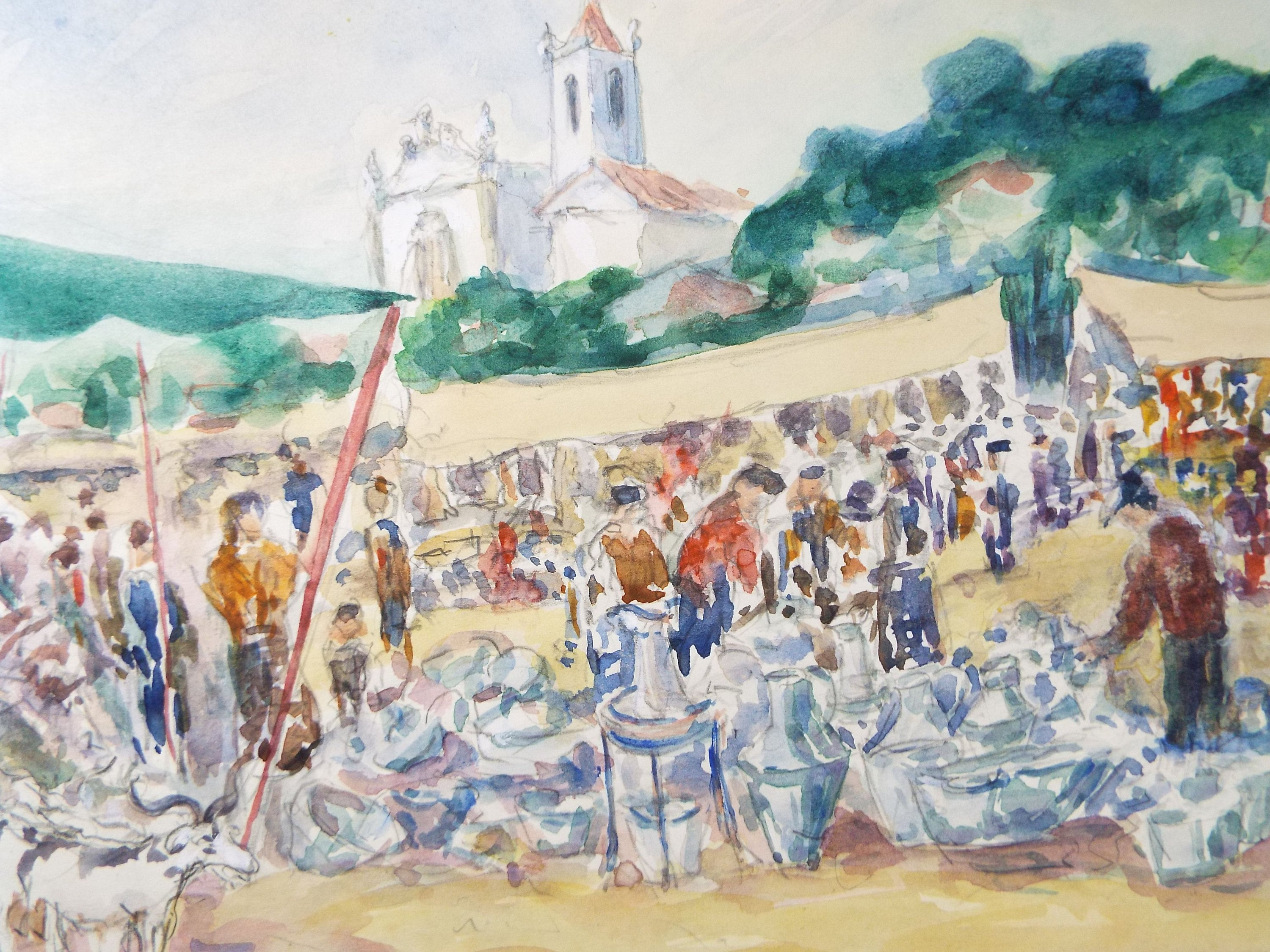 Original Watercolour & Gouache, 'Market Day - Portugal', c1990's, Dorothy Litherland