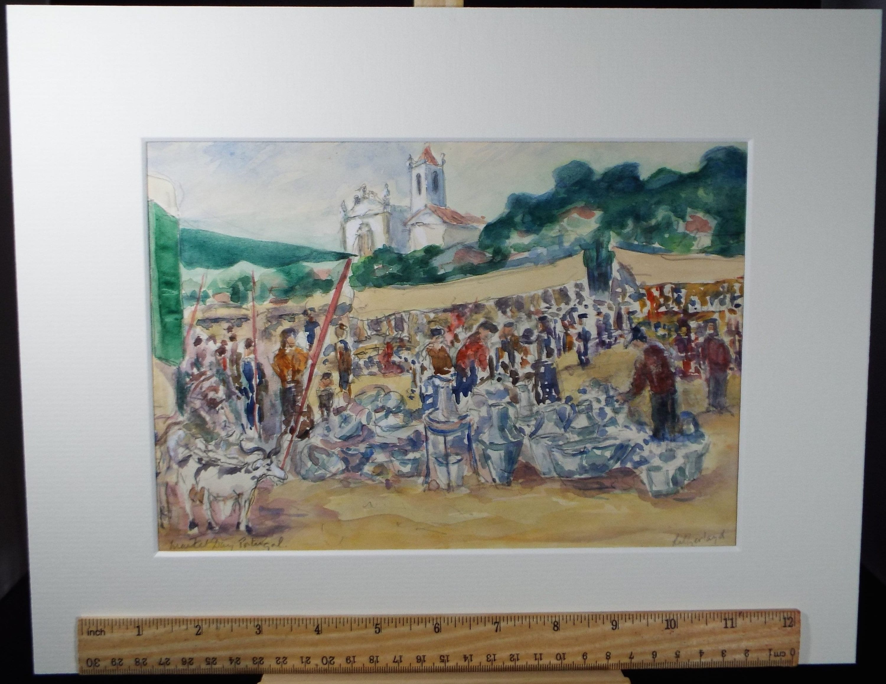 Original Watercolour & Gouache, 'Market Day - Portugal', c1990's, Dorothy Litherland