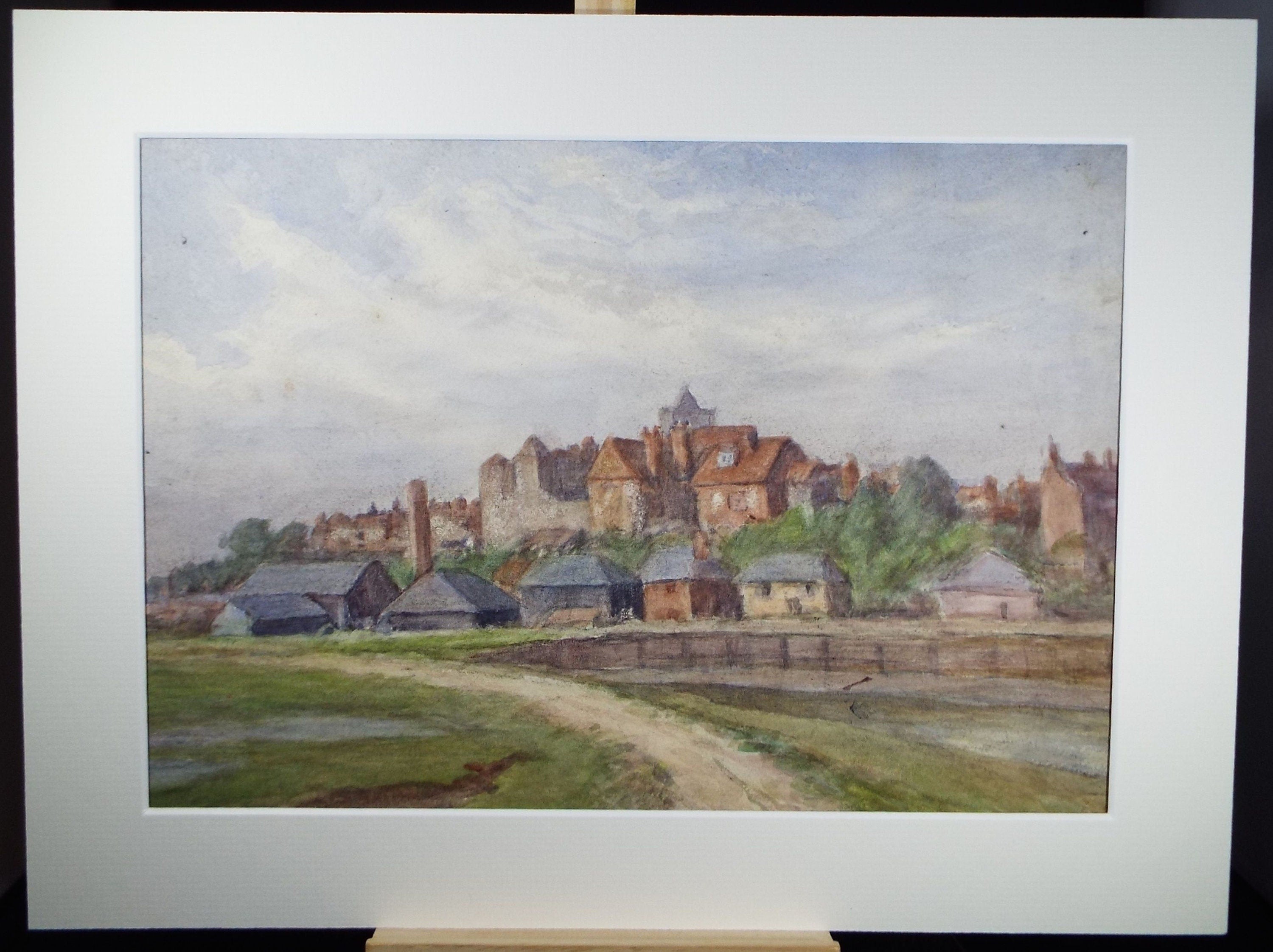Original Watercolour on Paper, 'Riverside Town ', Circa 1930's, Artist Unknown