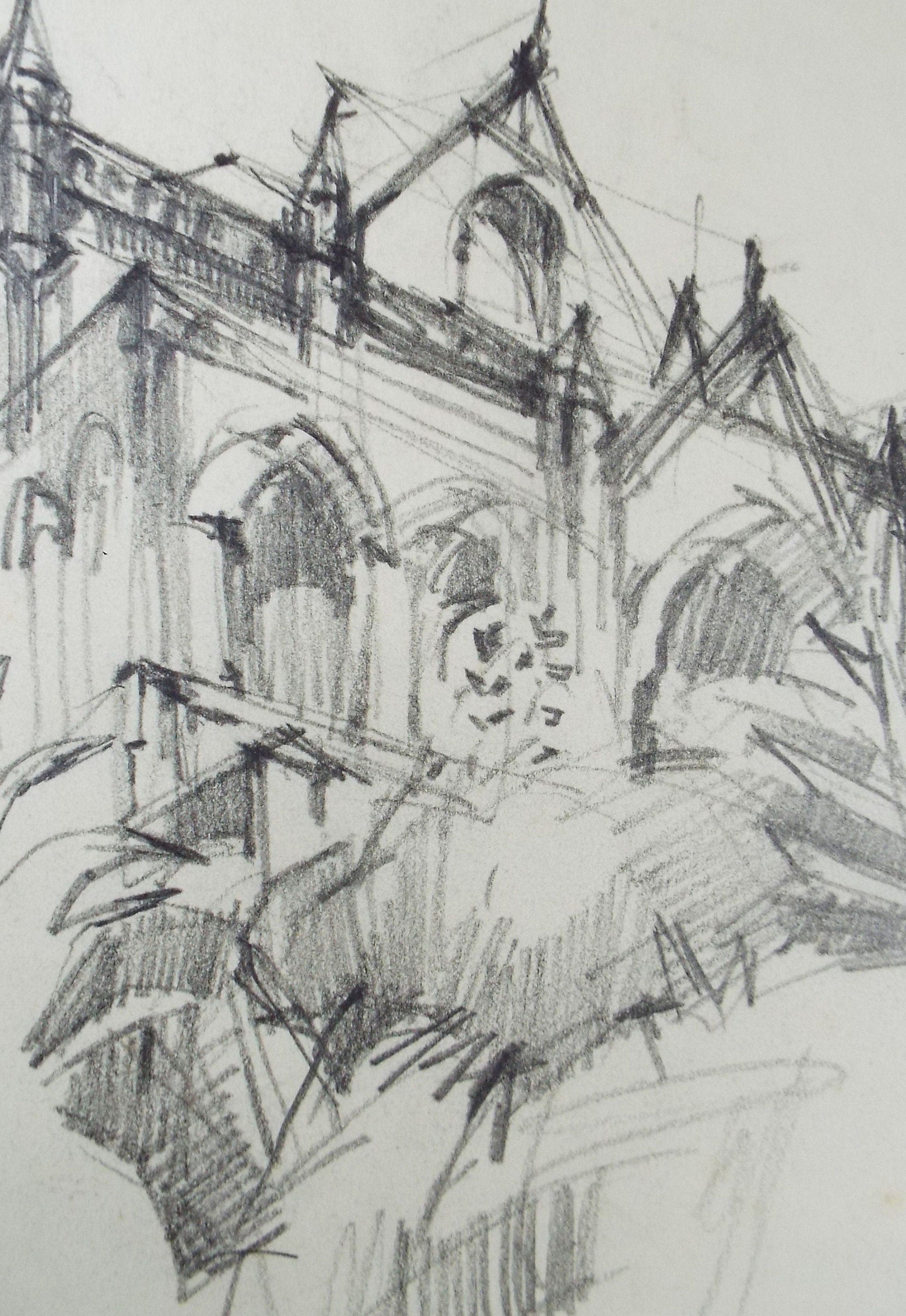 Original Pencil Drawing, 'Abbey Study' circa 1980's, Douglas Pittuck (1911-1993)