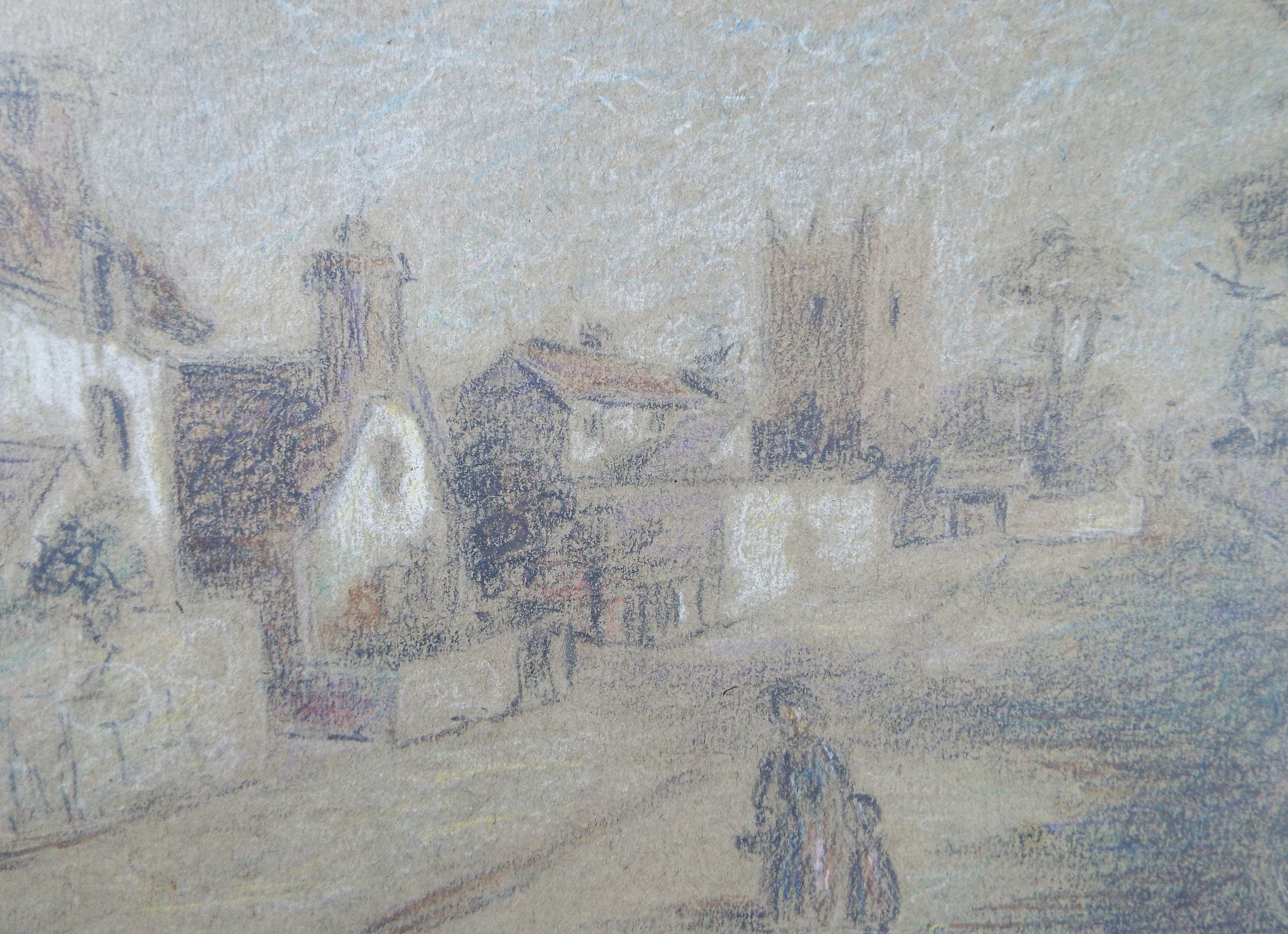 Original Pastel & Chalk, 'Village Scene', Circa 1920's ,Artist Unknown