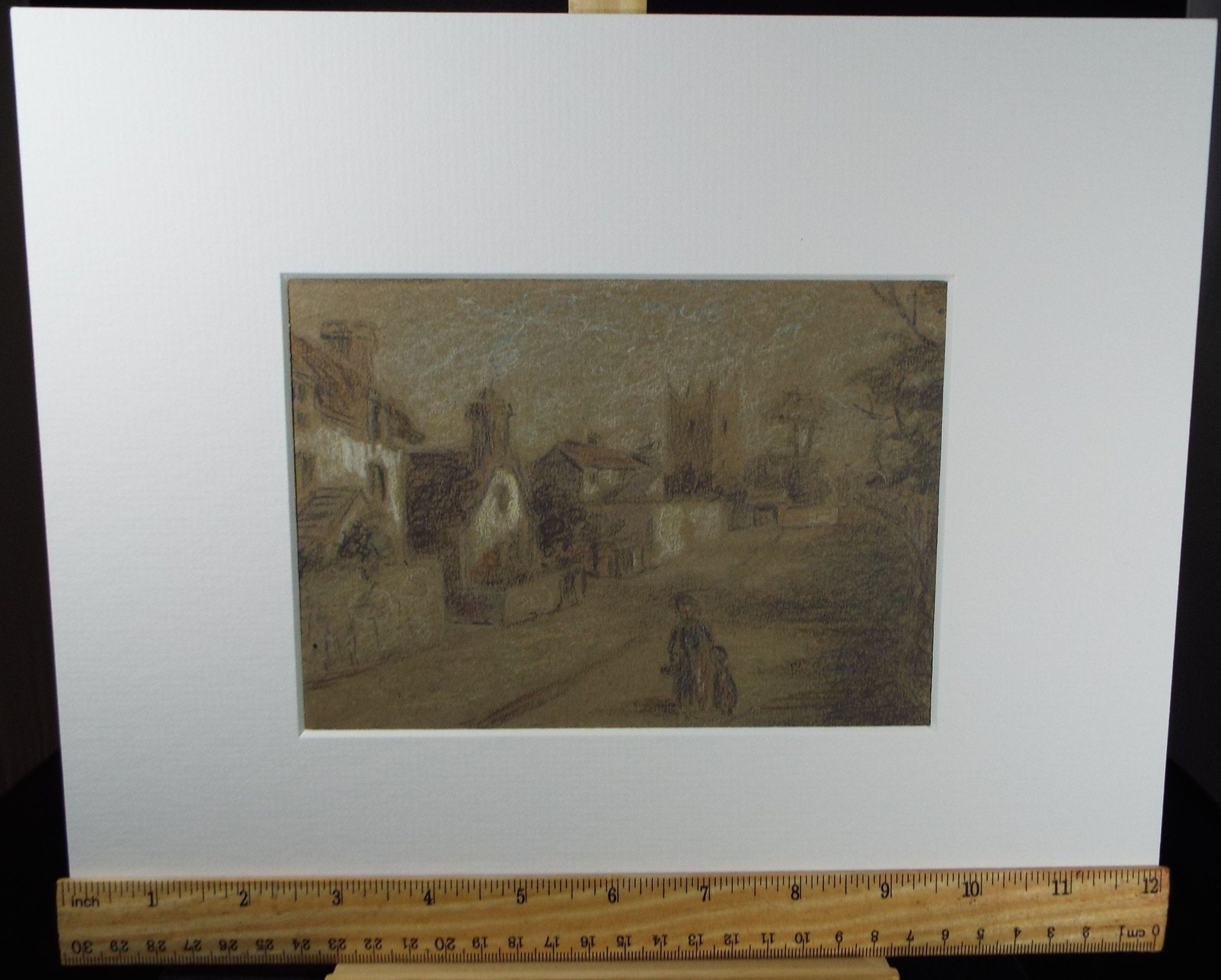 Original Pastel & Chalk, 'Village Scene', Circa 1920's ,Artist Unknown