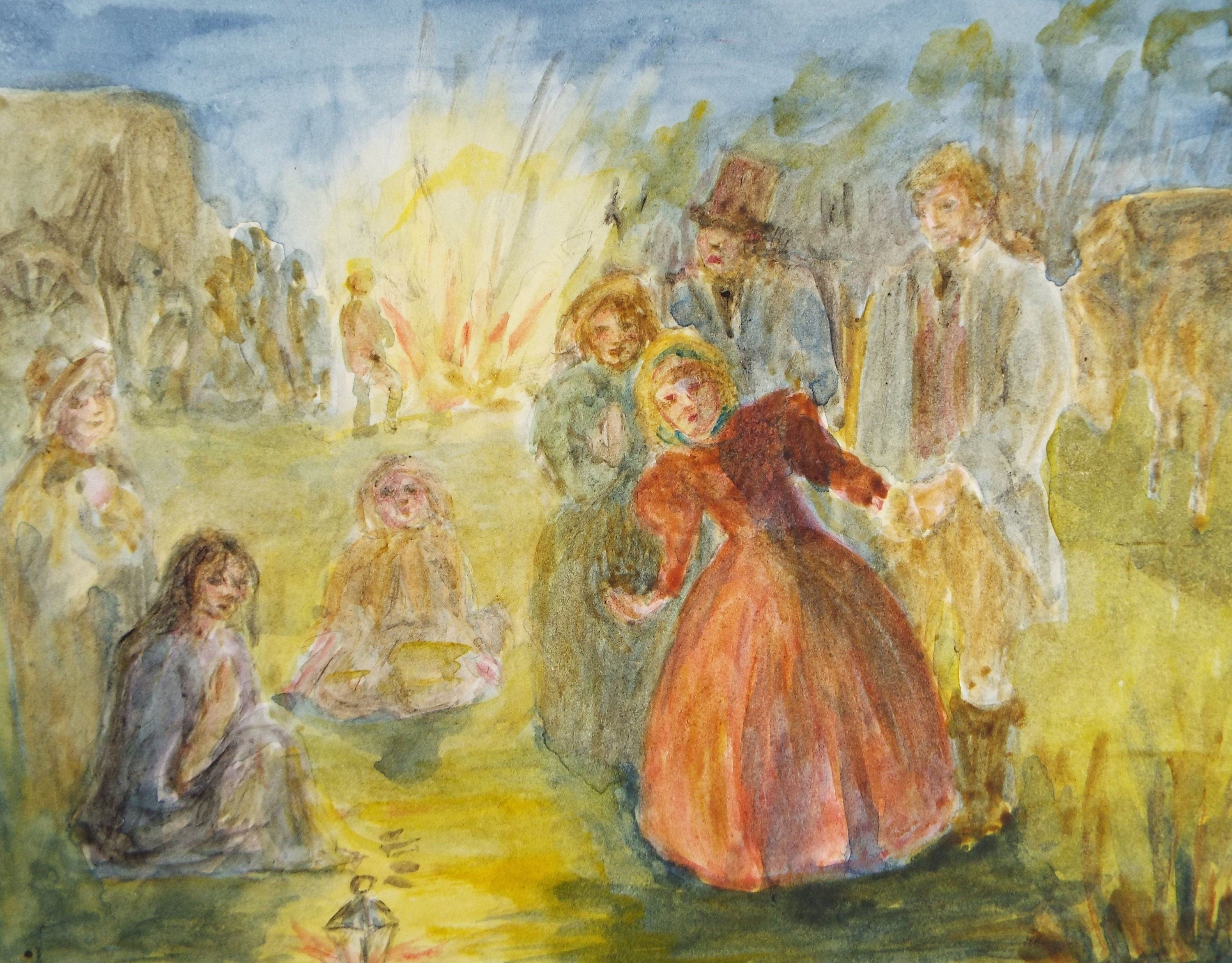 Original Watercolour,' Victorian Gypsy Encampment' c1980's,Artist Unknown