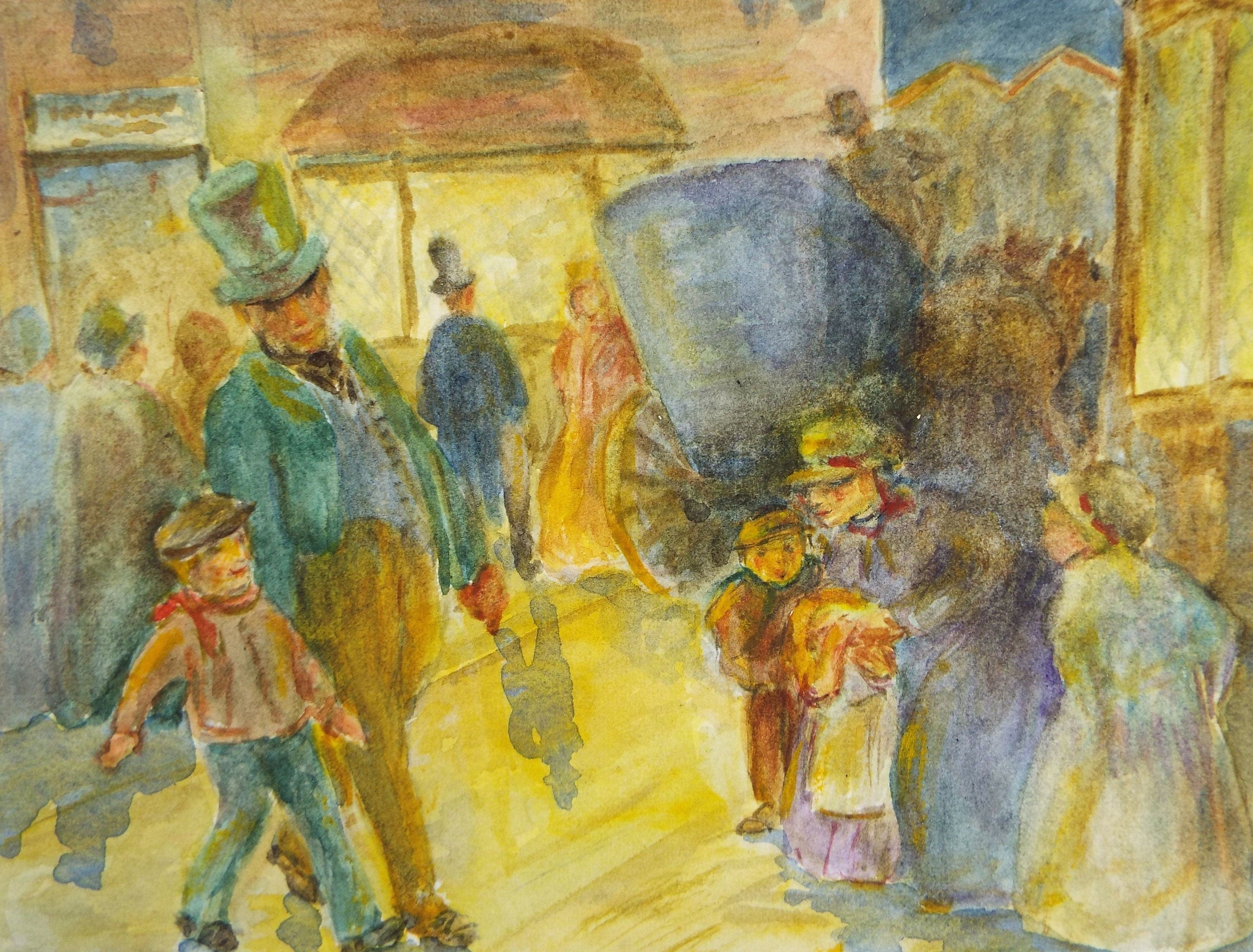 Original Watercolour,' Victorian Street Scene with Figures' c1980's,Artist Unknown