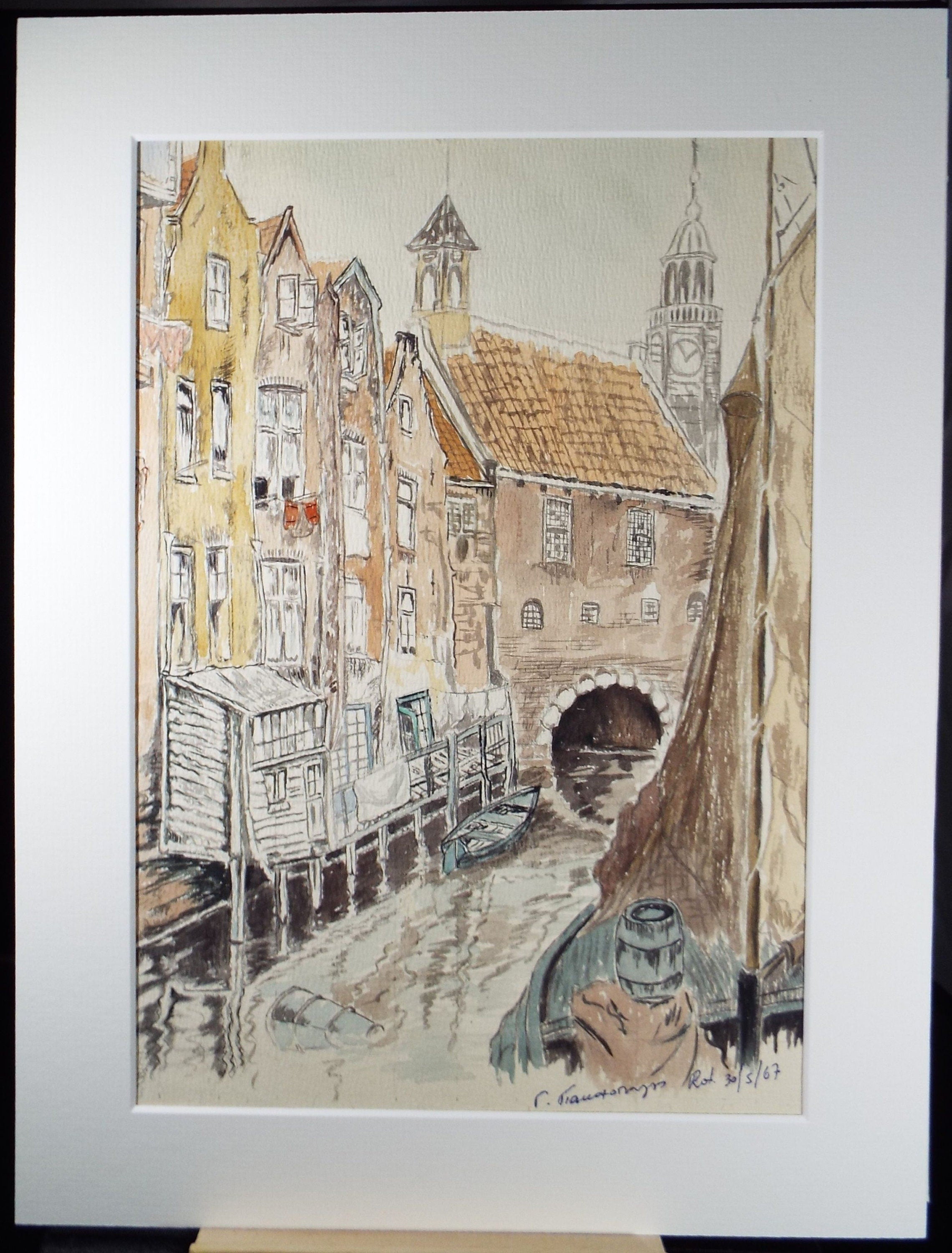 Original Watercolour, 'A Continental Waterway', Dated 1967, Indistinctly Signed