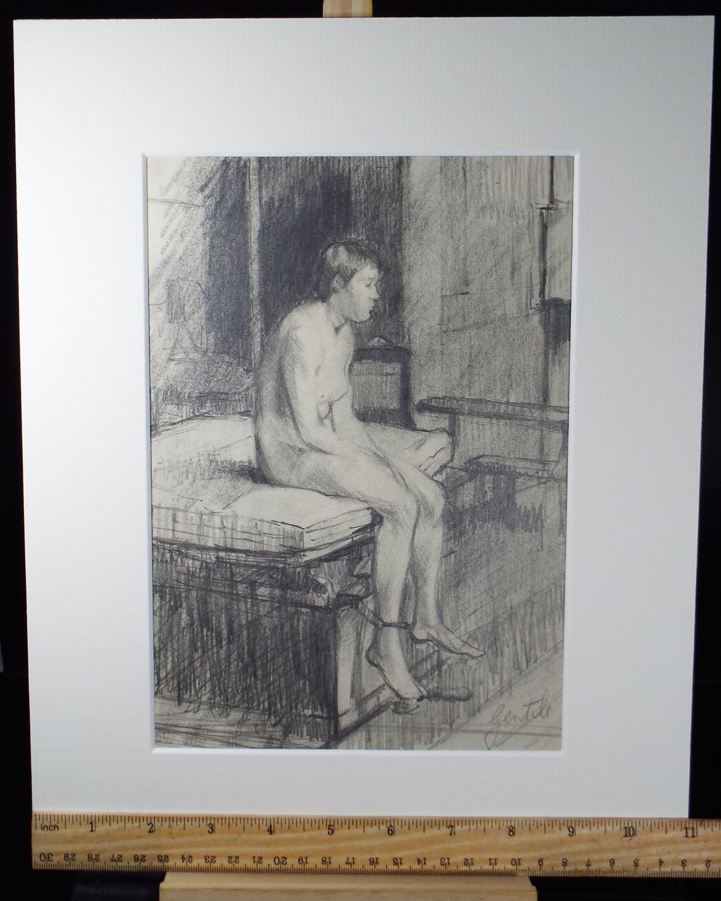 Original Pencil Drawing, 'Seated Nude on a bed', c1960's, Signed Gentile