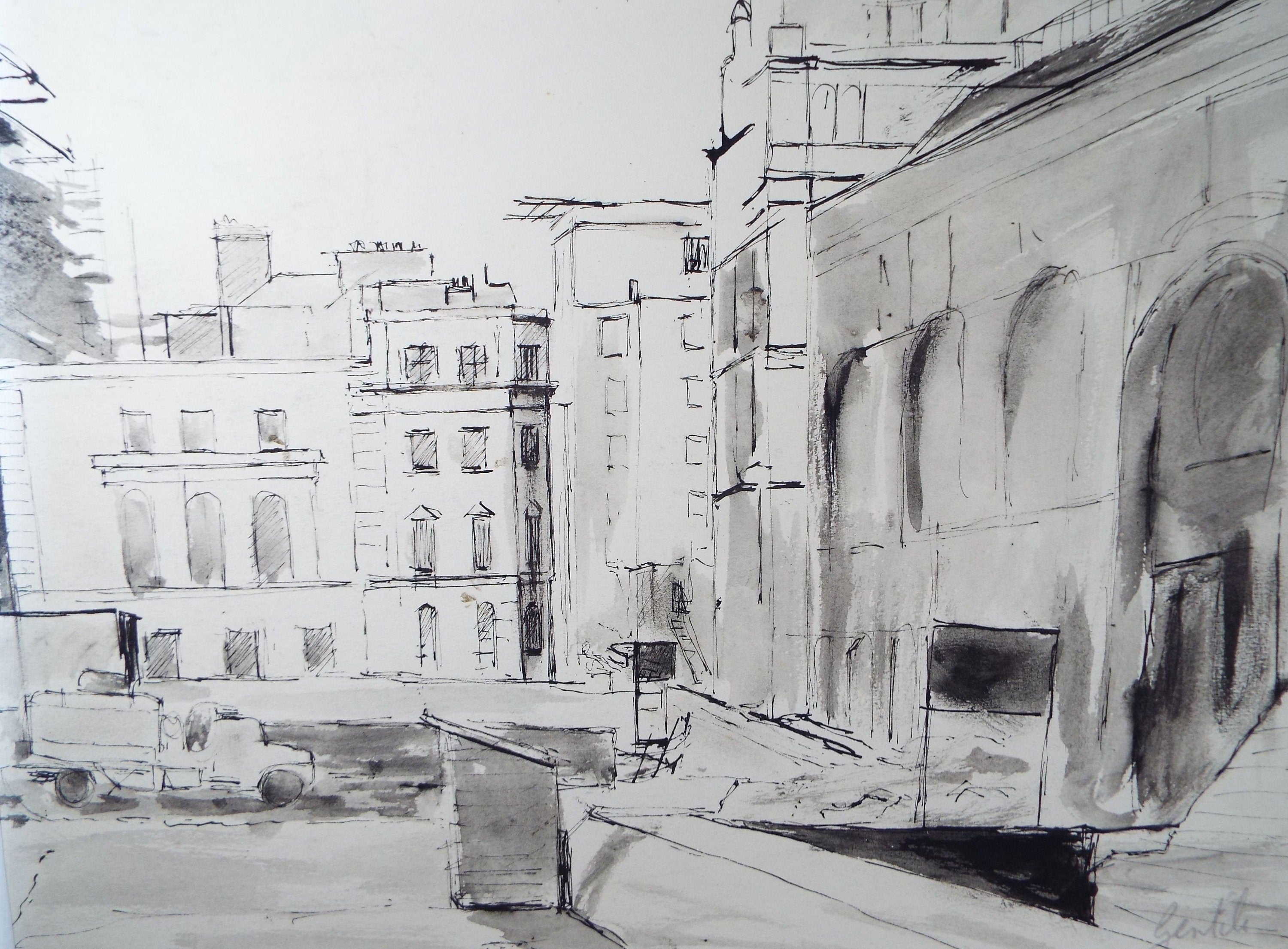 Original Ink & watercolour Drawing, 'Street Scene', Circa 1960's, Signed Gentile