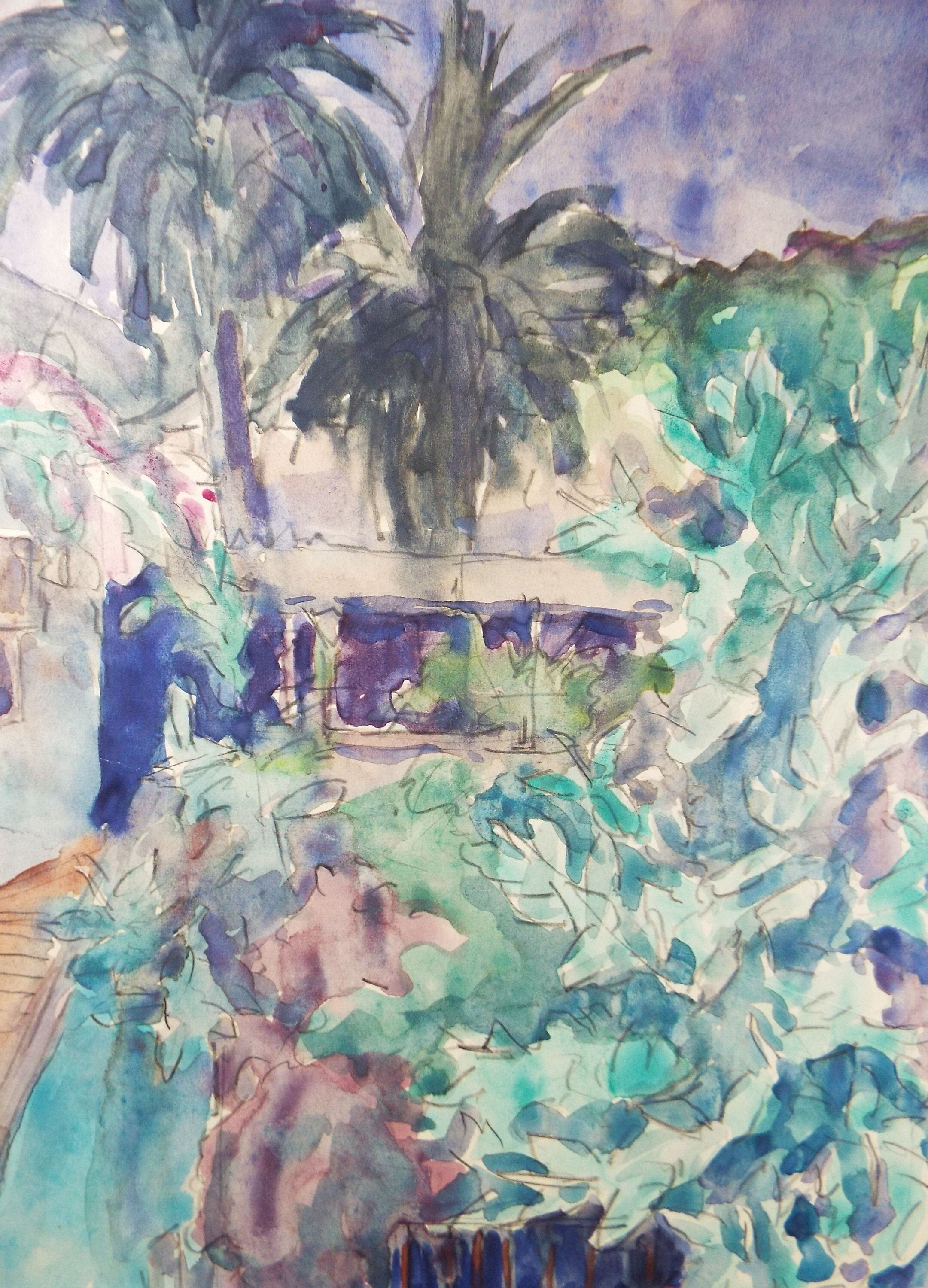 Original Watercolour, 'Spanish Garden', circa 1990, Dorothy Litherland.