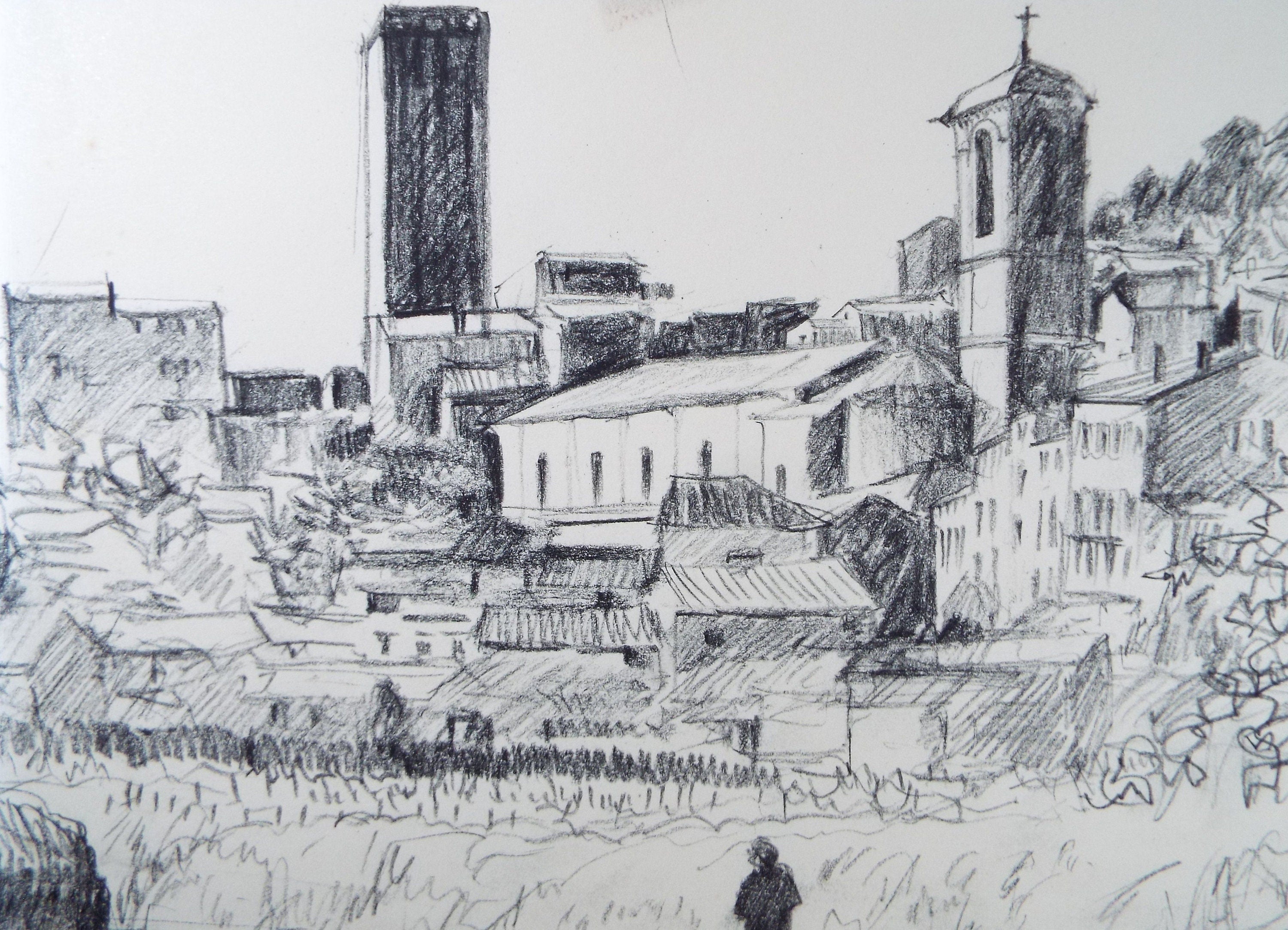 Original Pencil & Conte drawing, 'Mountain Village', Circa 1990's , Dorothy Litherland (20th Century British)