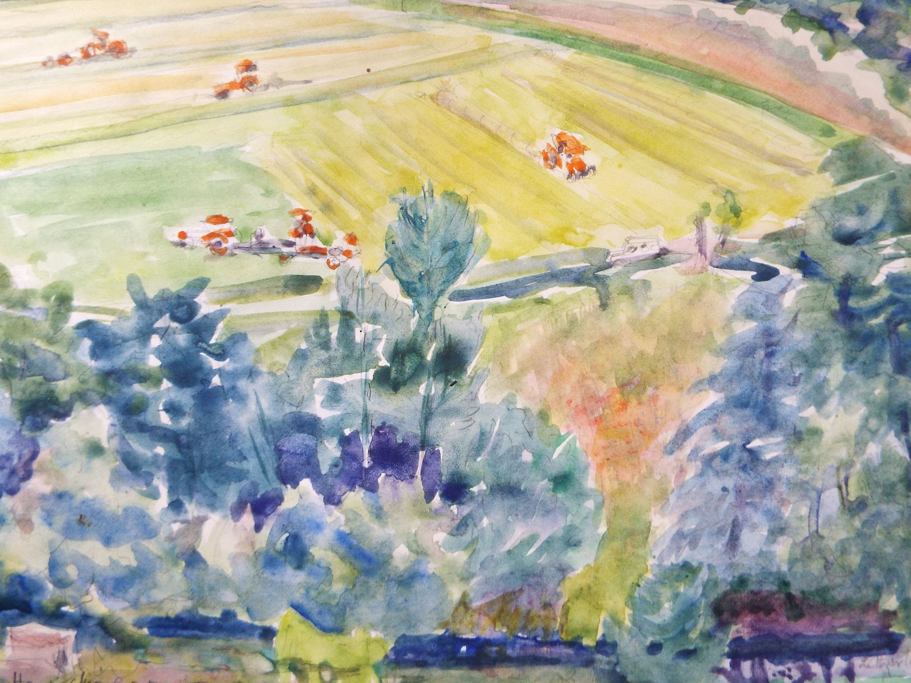 Original Watercolour, 'Working in the fields', circa 1990's, Dorothy Litherland