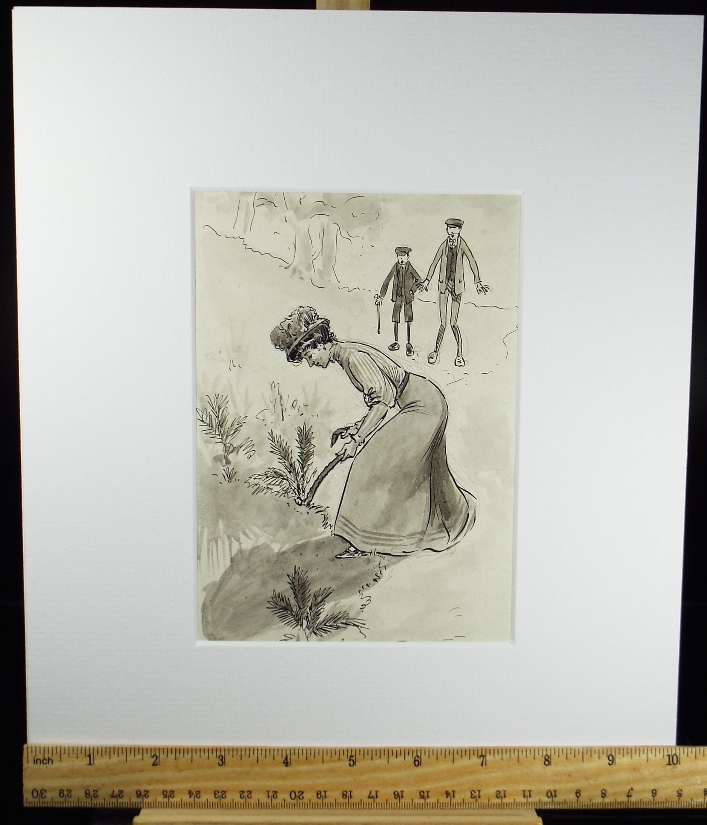 Original ink and wash 'Digging for Ferns', Artist Unknown, circa 1915